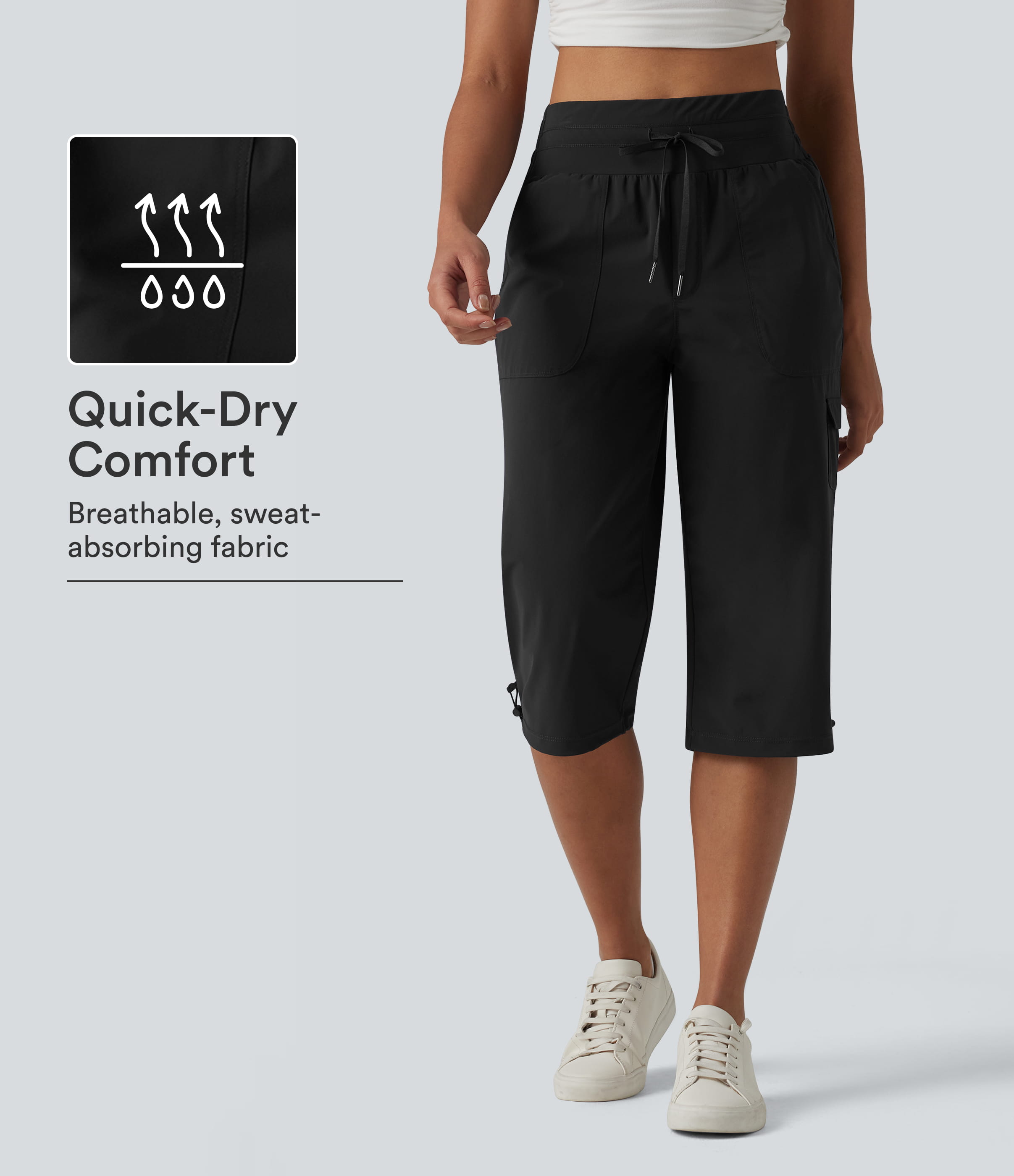 Mid Rise Drawstring Straight Leg Quick Dry Cool Touch Capri Casual Pants with Pockets-UPF40+