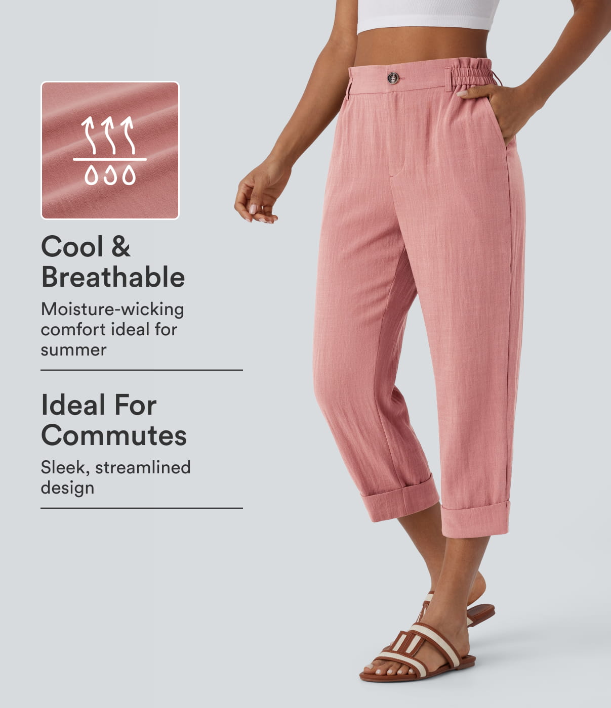High Waisted Zipper Pocket Cropped Linen-Feel Pants