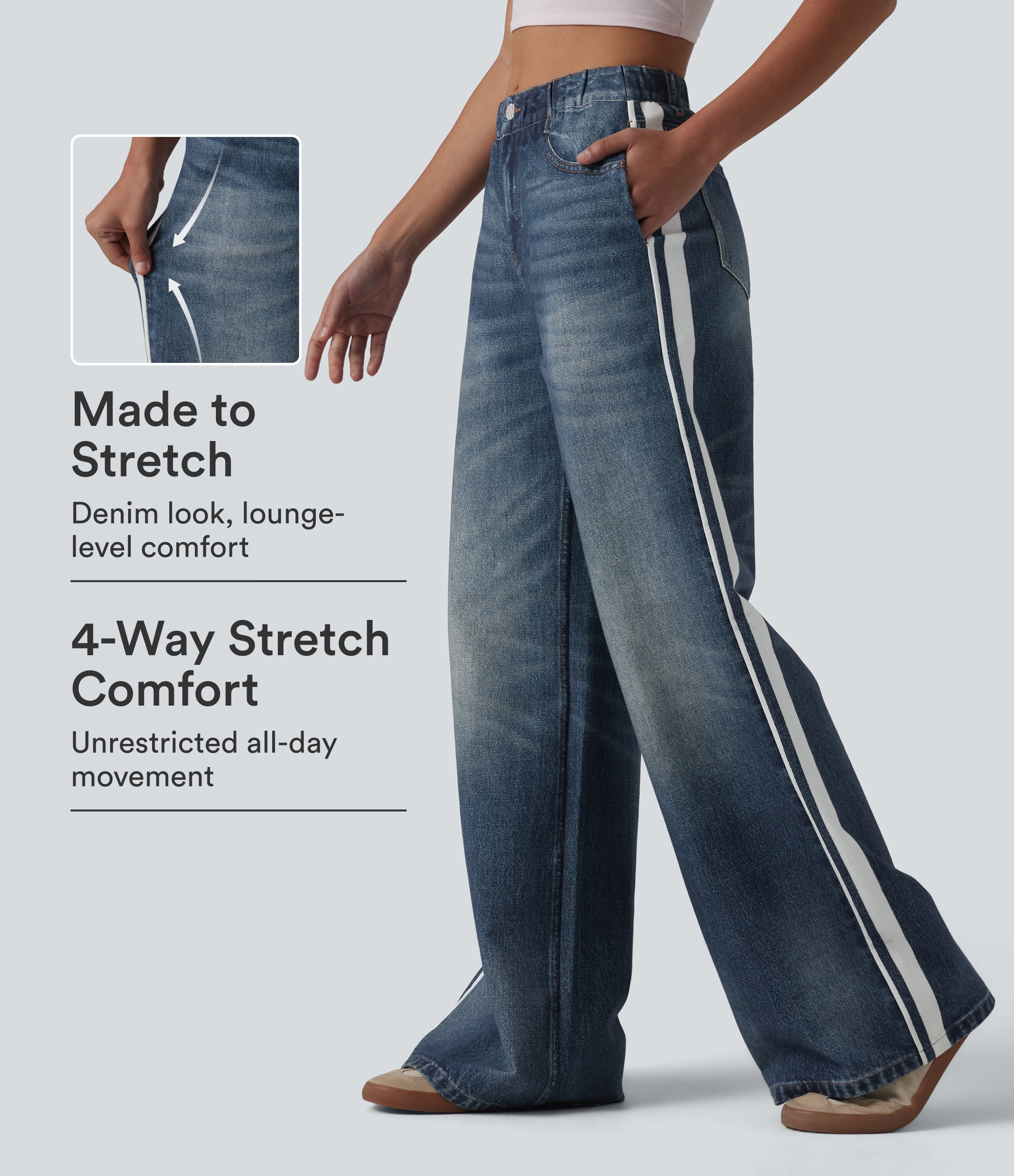 Mid Rise Denim Print French Terry Stripe Casual Sweatpants Jeans with Pockets