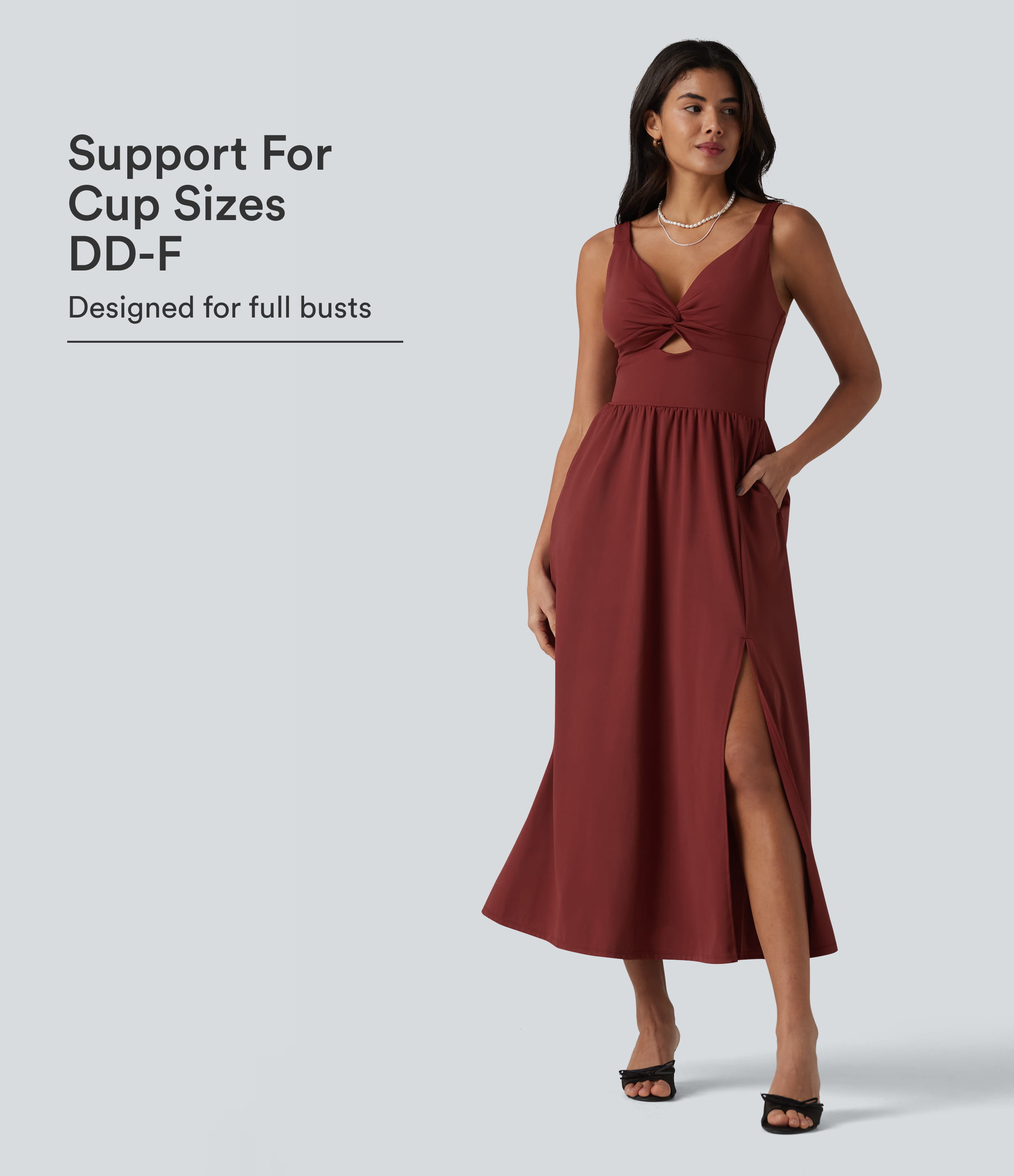 SoftlyZero™ robe midi aérée à encolure en V, sans manches, avec coussinet de poitrine non amovible, toucher frais et poches — bonnets D-F