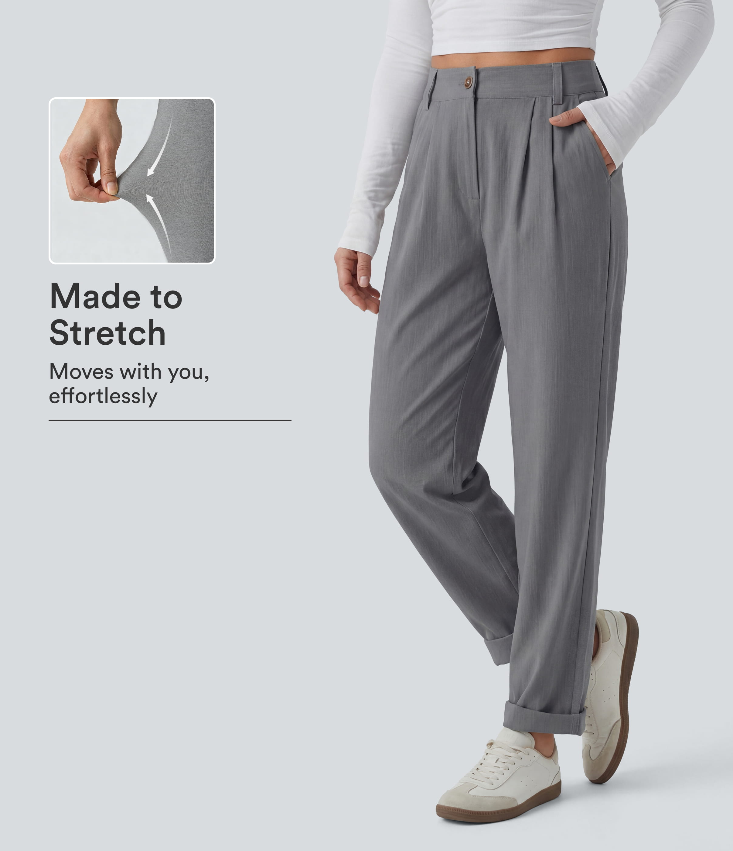Mid Rise Casual Linen-Feel Pants with Pockets