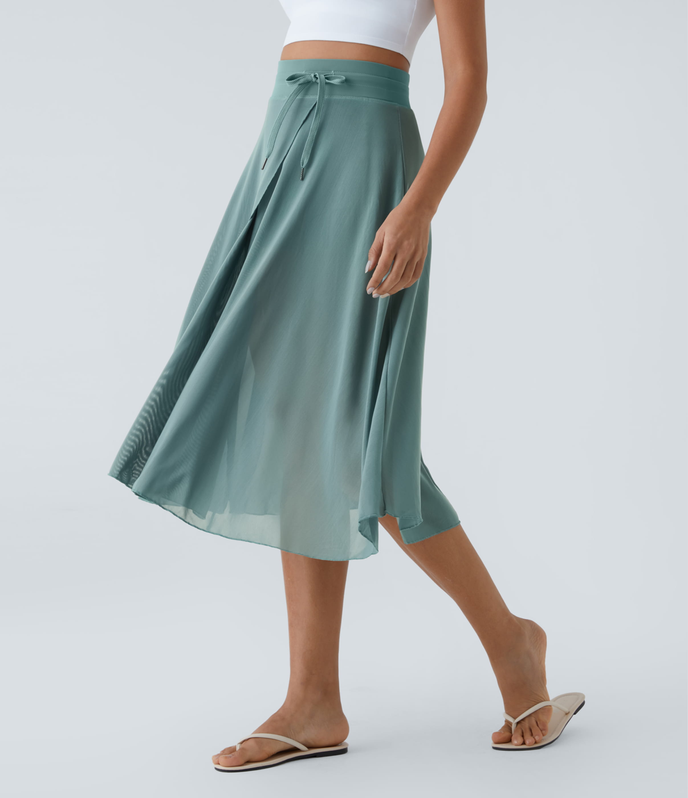 High Waisted Drawstring Contrast Mesh 2-in-1 Pocket Flowy Midi Flare Casual Skirt