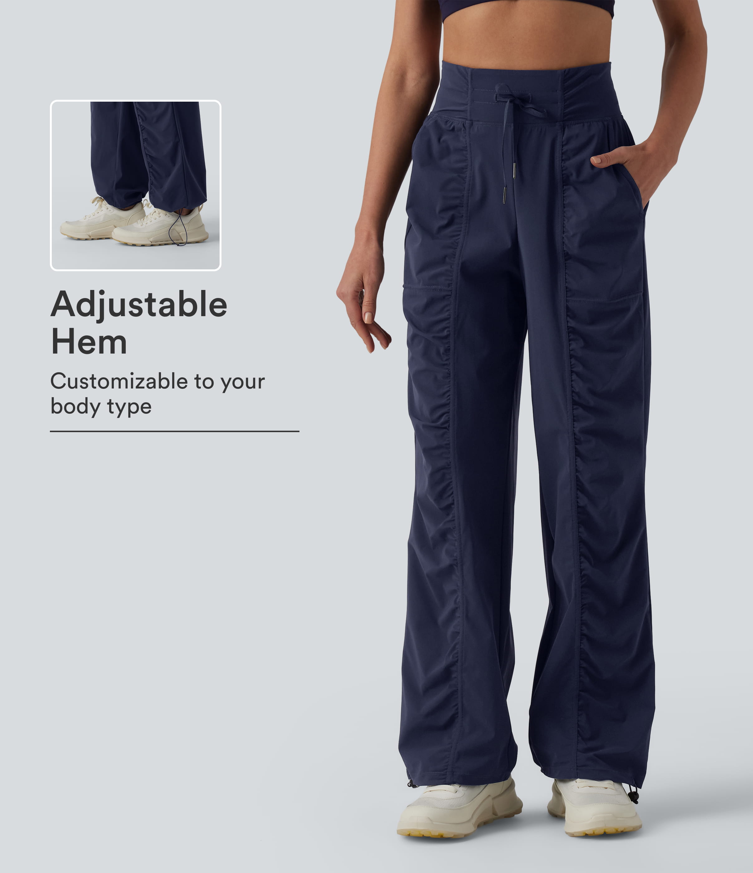 High Waisted Drawstring Ruched Quick Dry Running Straight Leg Baggy Pants with Pockets