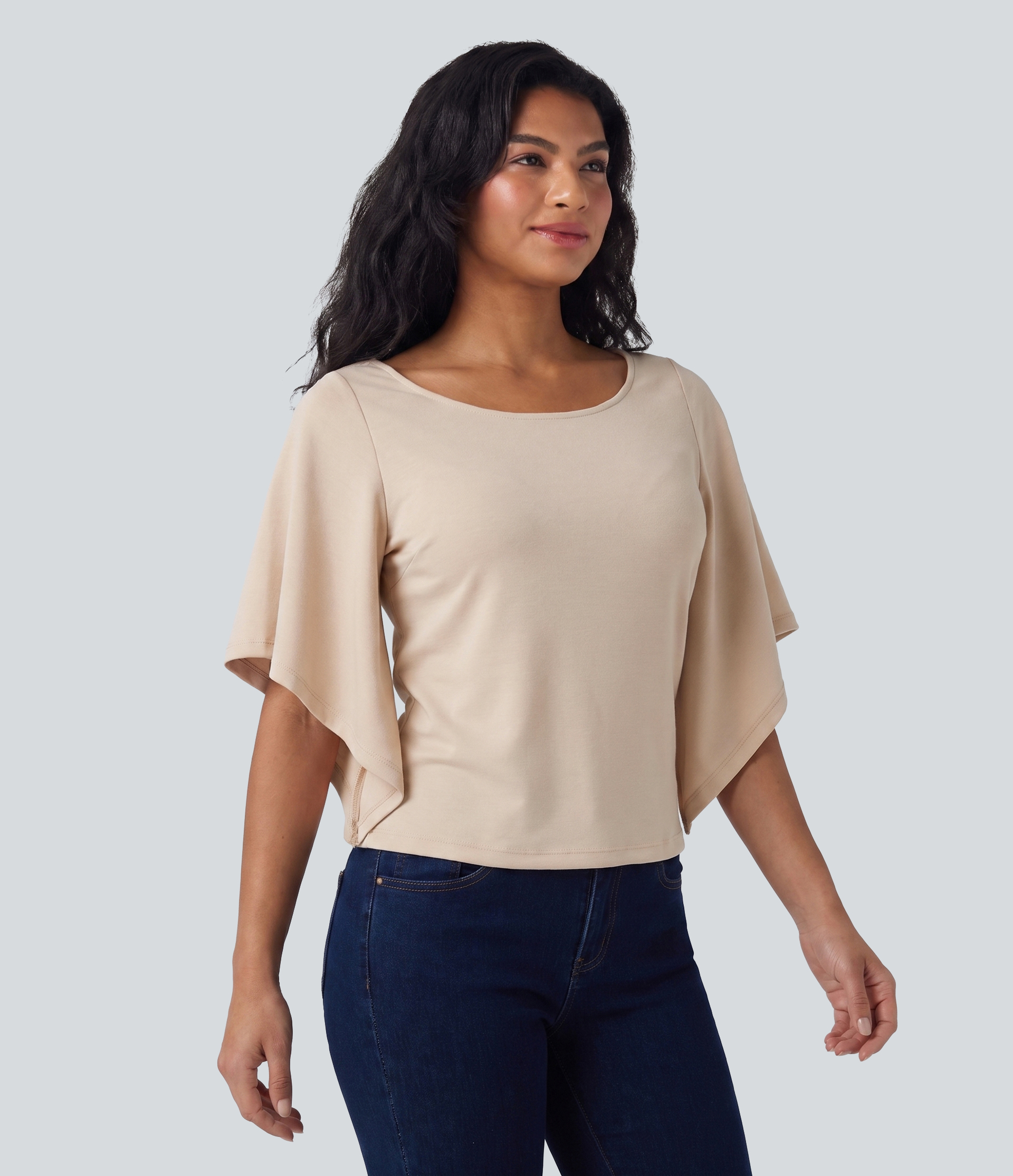 Round Neck Flounce 3/4 Sleeve Casual Blouse