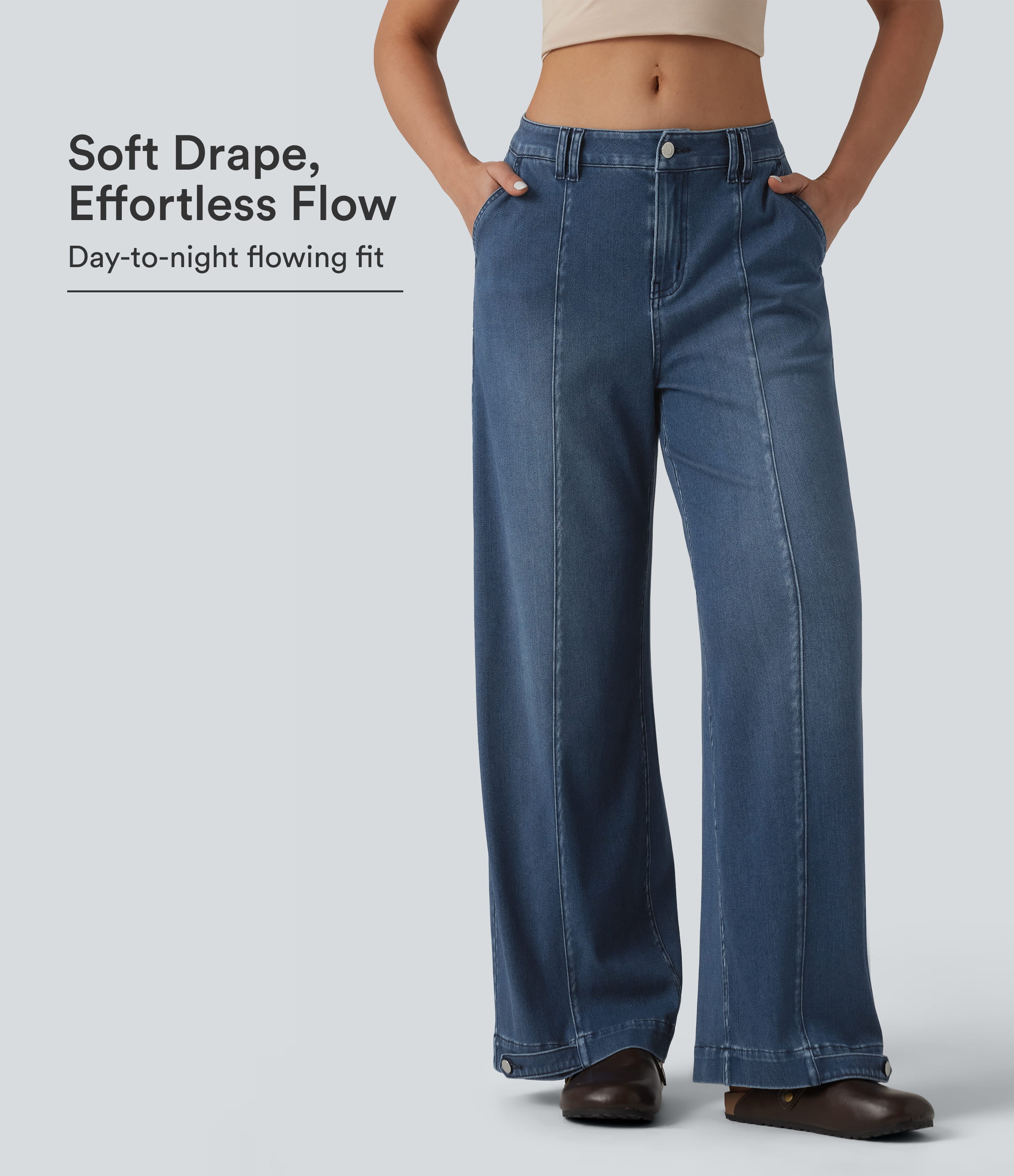 Halara Flex™ Mid Rise Adjustable Hem Draped Lyocell Washed Casual Baggy Wide Leg Jeans with Pockets
