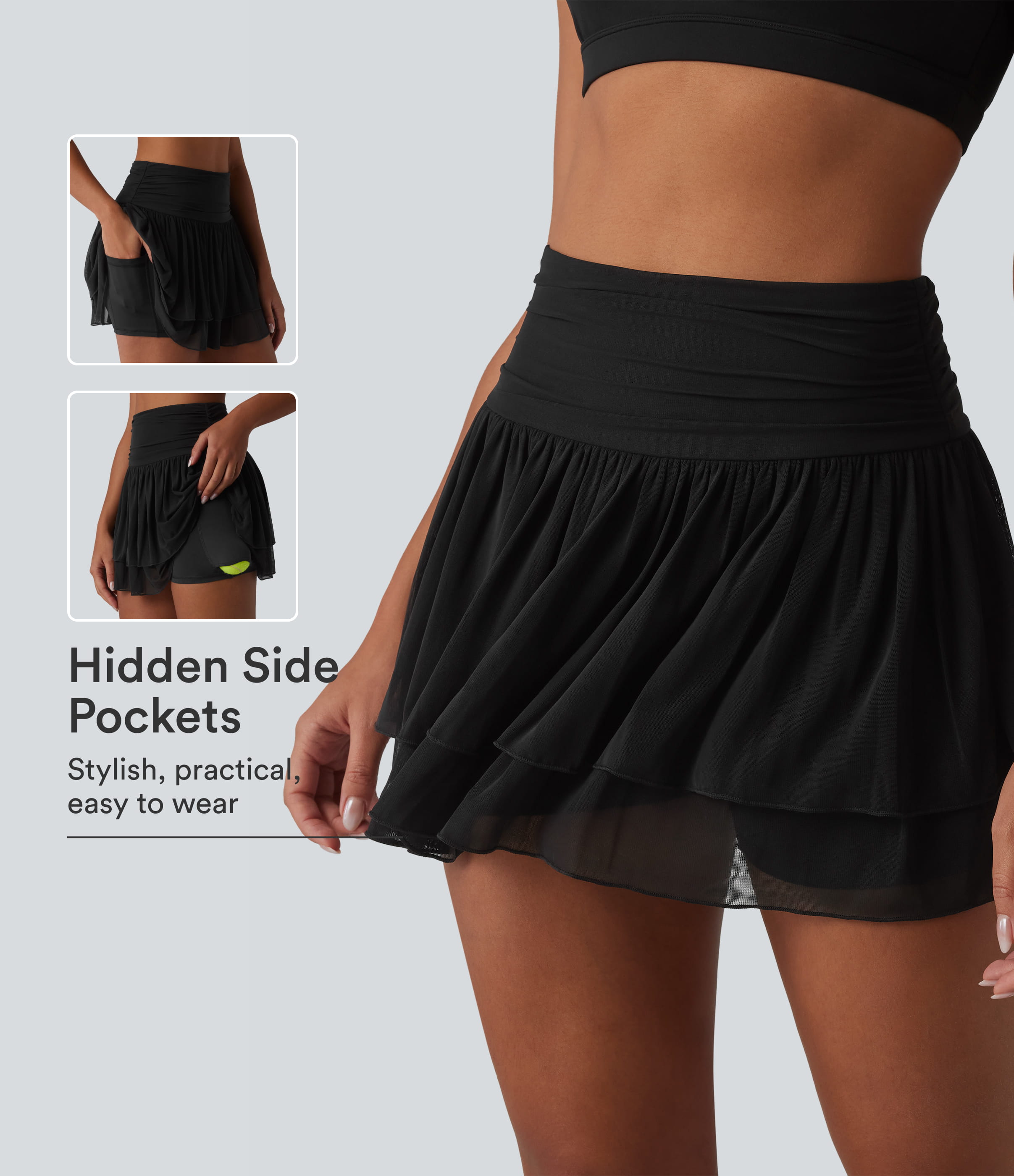 High Waisted Ruched Breathable Mesh 2-in-1 Mini Tennis Tiered Skirt with Pockets