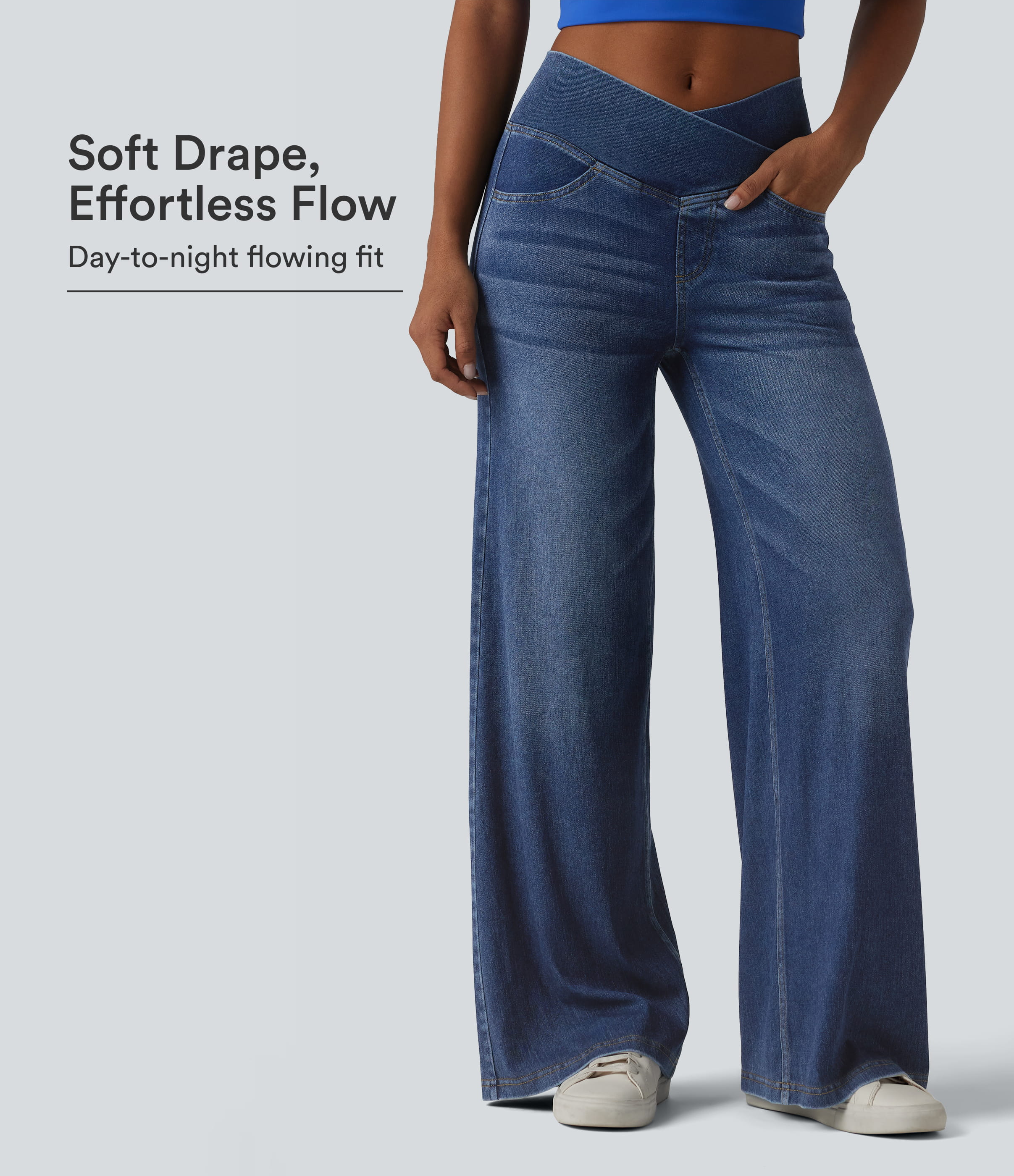 Halara Flex™ Crossover High Waisted Draped Lyocell Washed Casual Baggy Jeans with Pockets