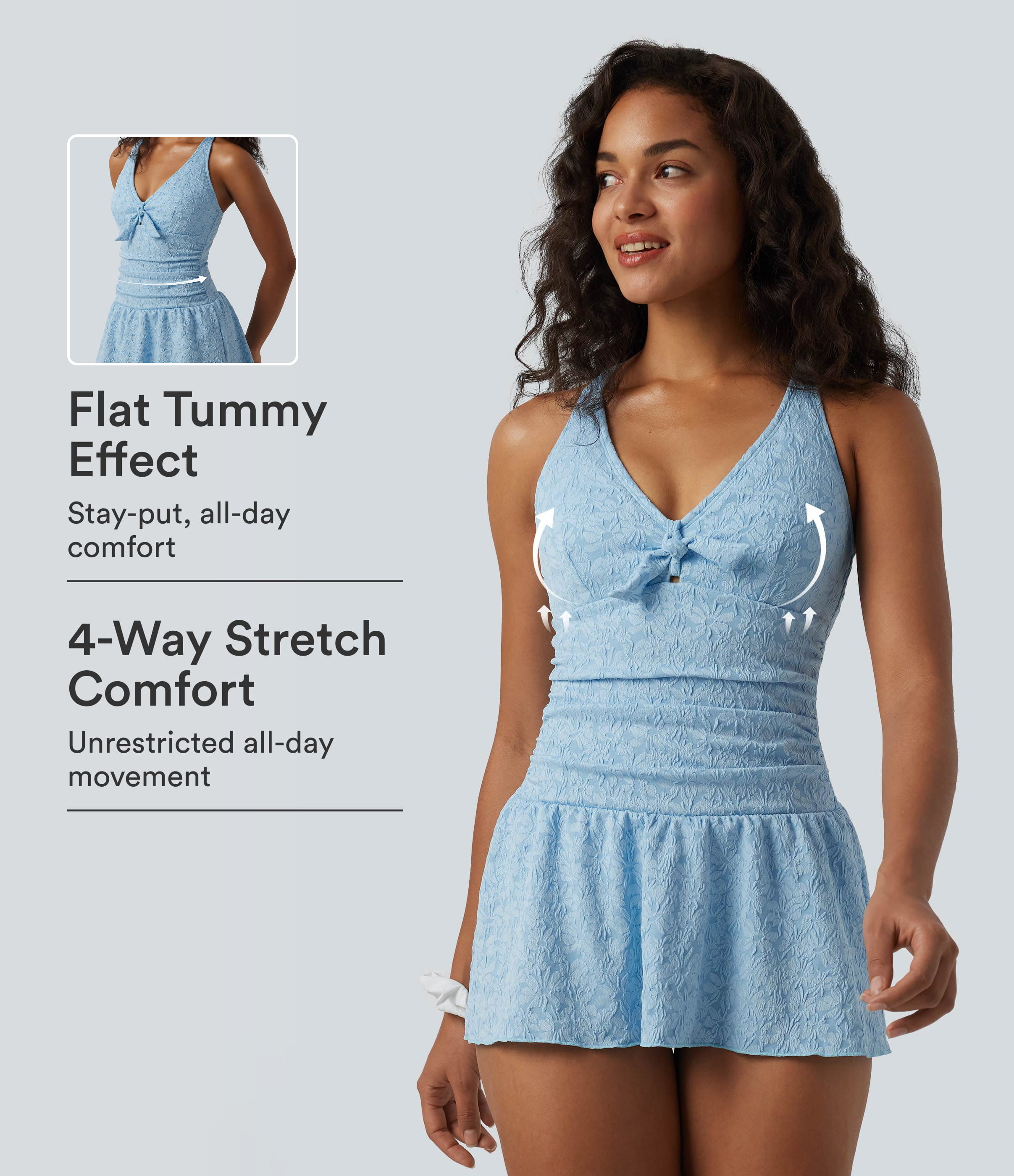 V-neck Tie-front Adjustable Straps Push-Up Tummy Control Ruched 2-in-1 Jacquard One-Piece Swimsuit