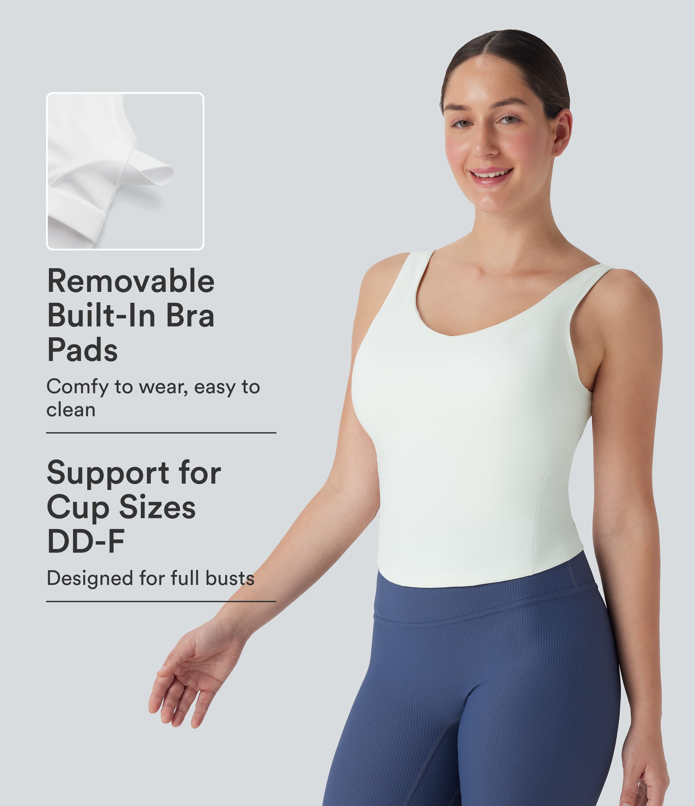 Weiß SoftlyZero™ plüschig gepolstertes V-Ausschnitt-Lauf-Tanktop für DD-F-Cups / 1