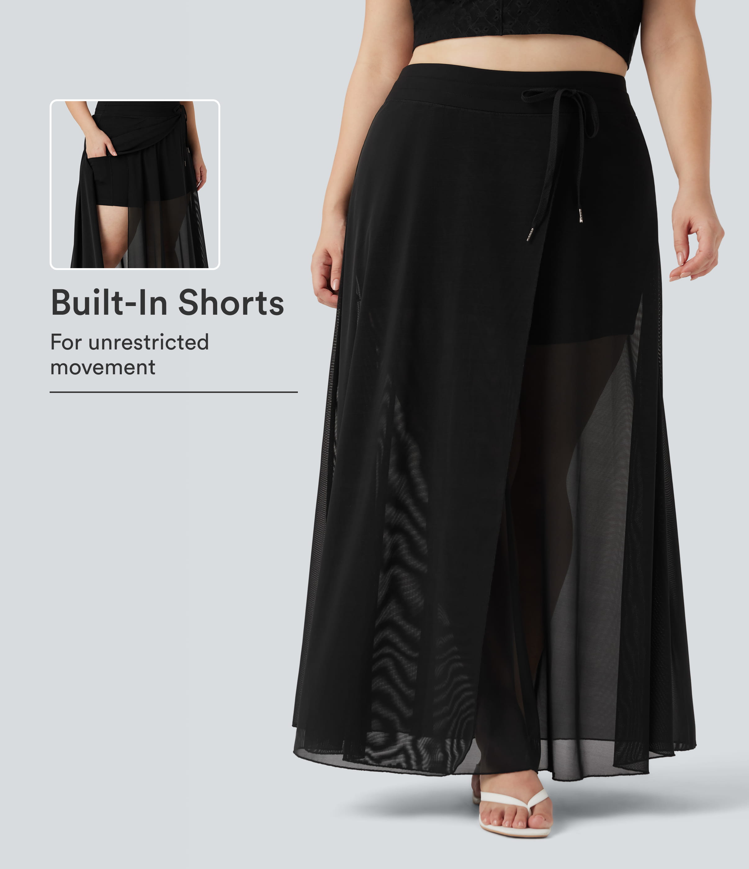 Plus Size High Waisted Drawstring Contrast Mesh 2-in-1 Flowy Maxi Skirt with Pockets