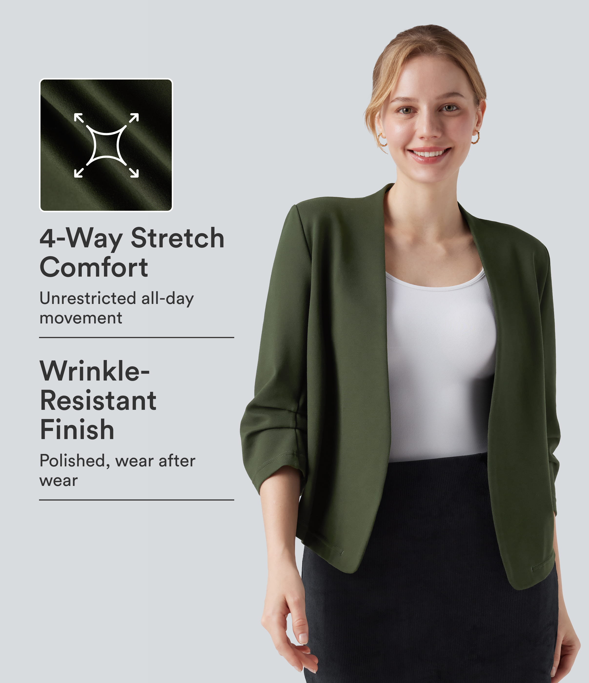 Wear-Resistant V-neck 3/4 Sleeve Ponte Roma Work Blazer