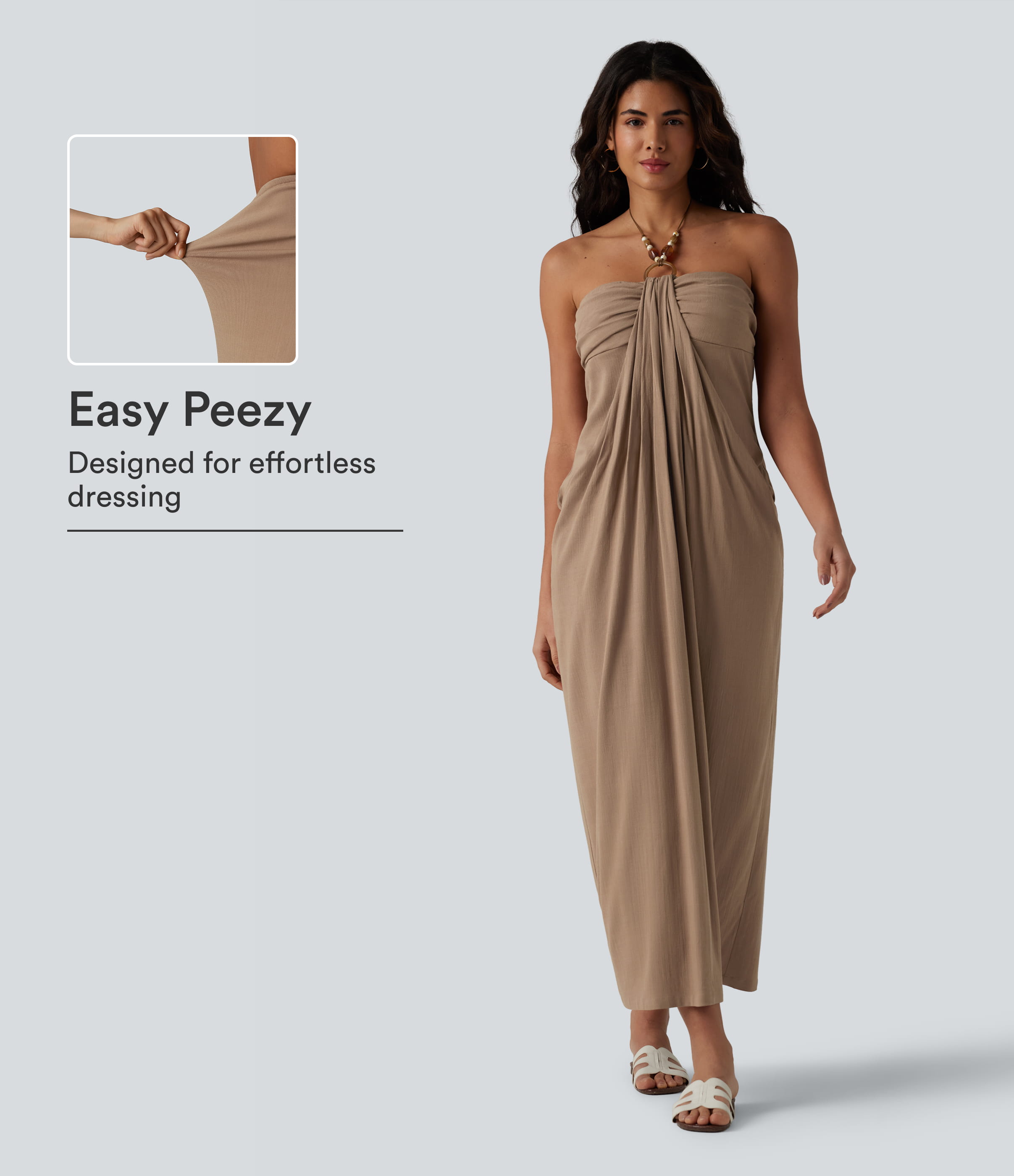 Halter Tie Back Built-in Bra Maxi Resort Linen-Feel Dress with Pockets