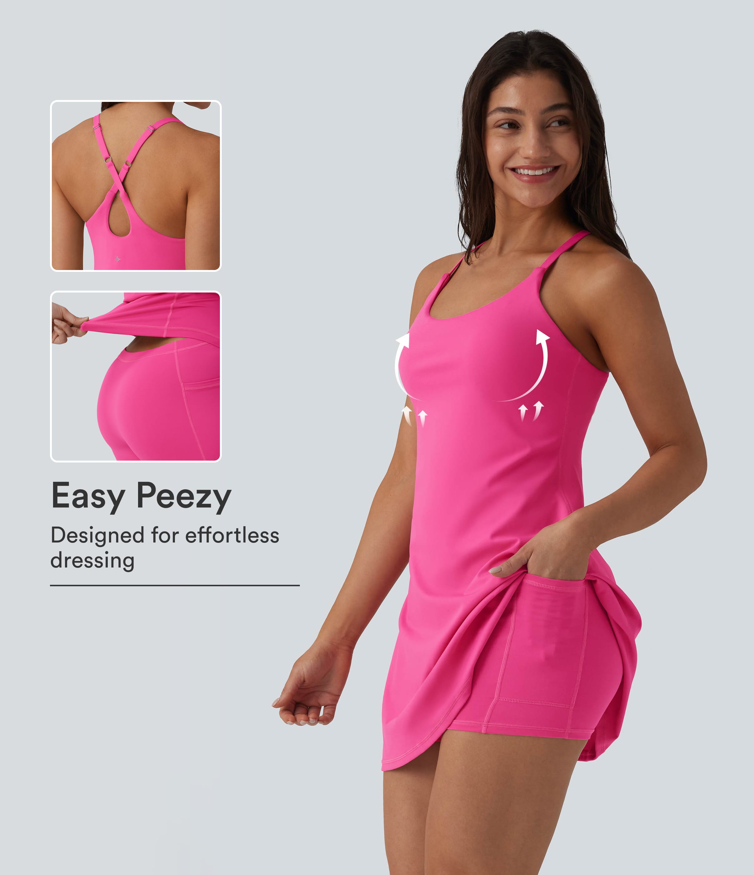 SoftlyZero™ Plüsch-Push-up mit verstellbaren Trägern, überkreuztem, rückenlosem Schnitt und integriertem BH – Tanz- und Sportkleid, Easy Peezy Edition