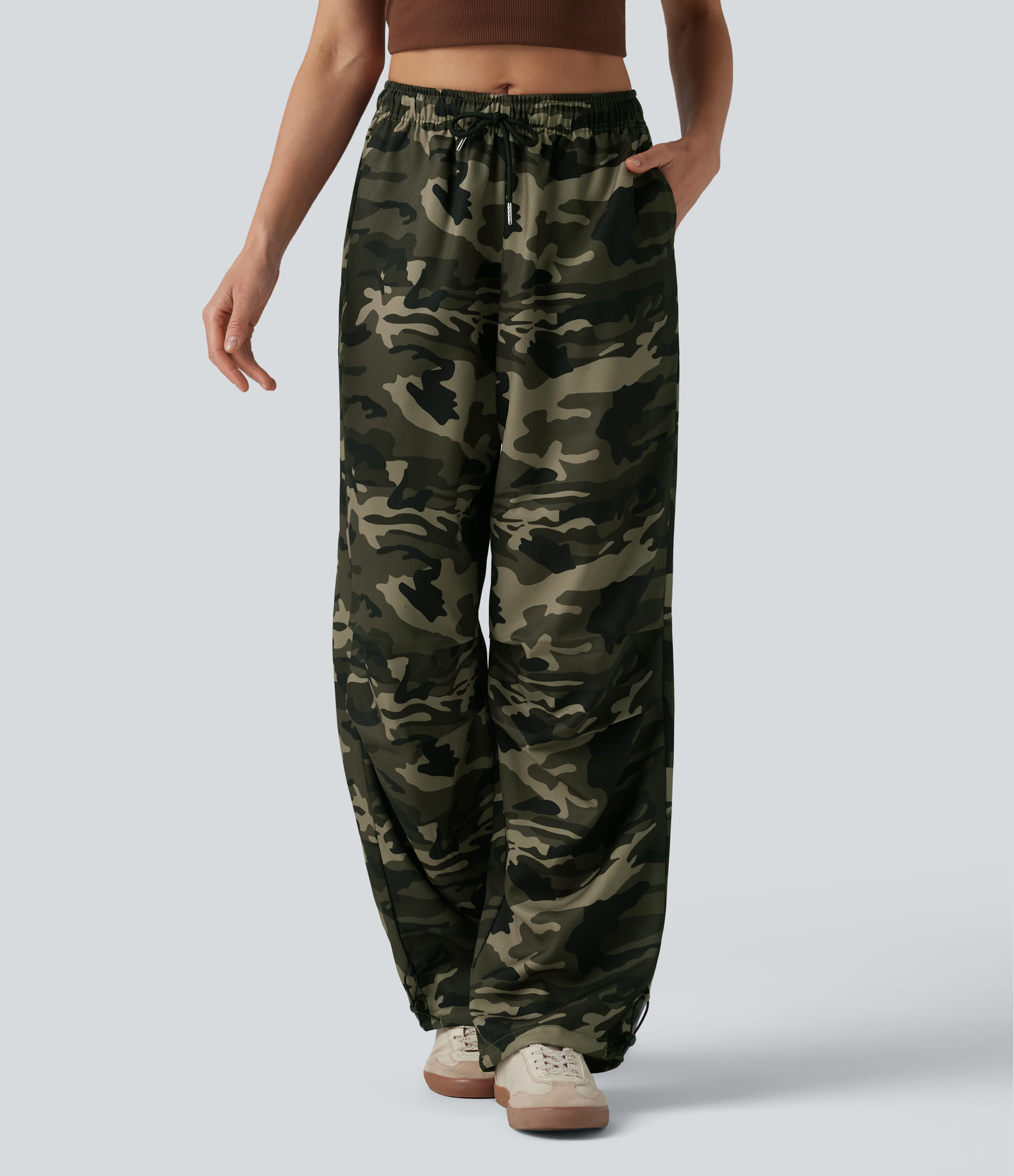 Mid Rise Drawstring Camo Casual Cargo Baggy Pants with Pockets