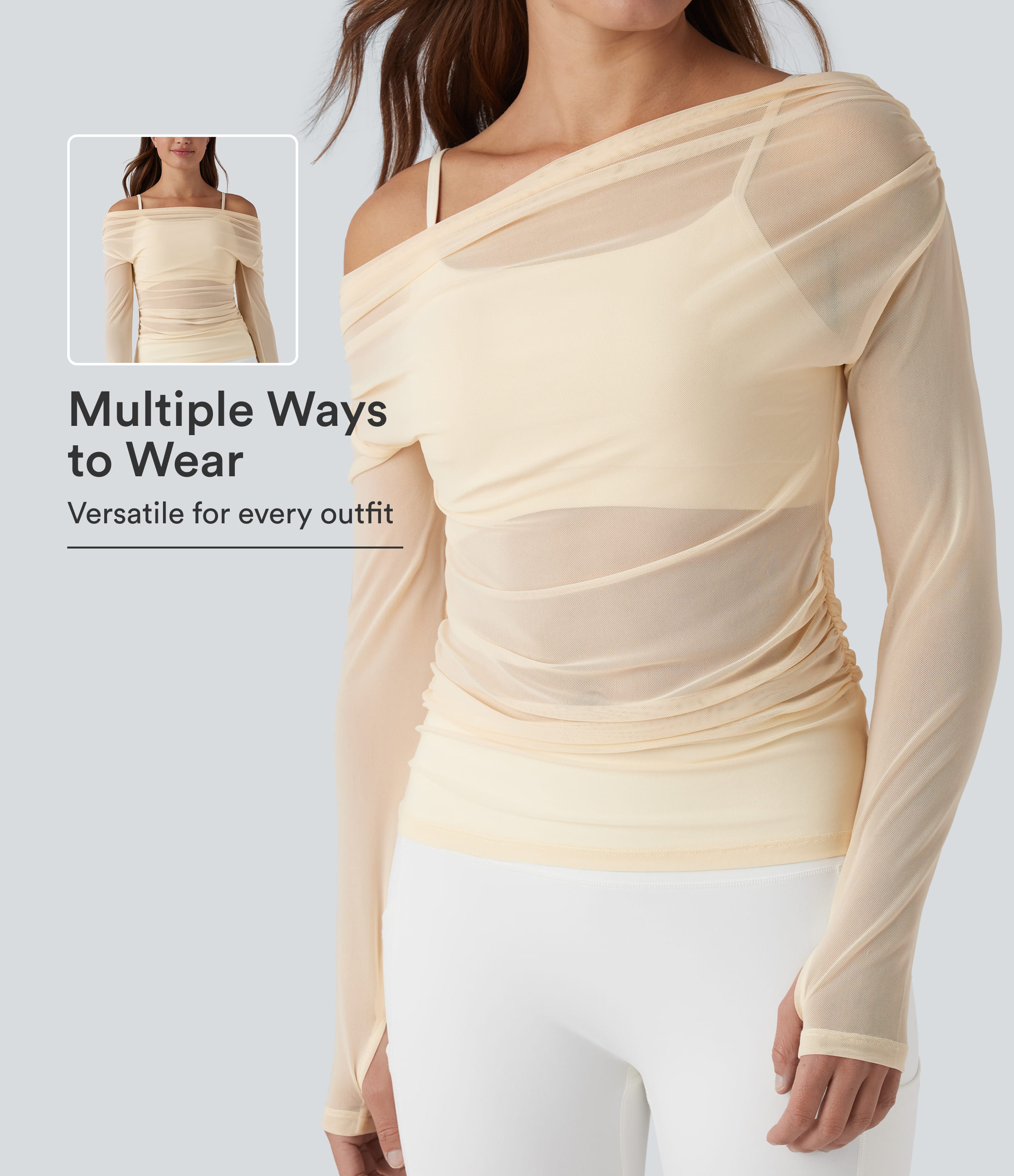 Top de sport 2 en 1 pour yoga, asymétrique à une épaule, manches longues avec trous pour le pouce, en mesh froncé