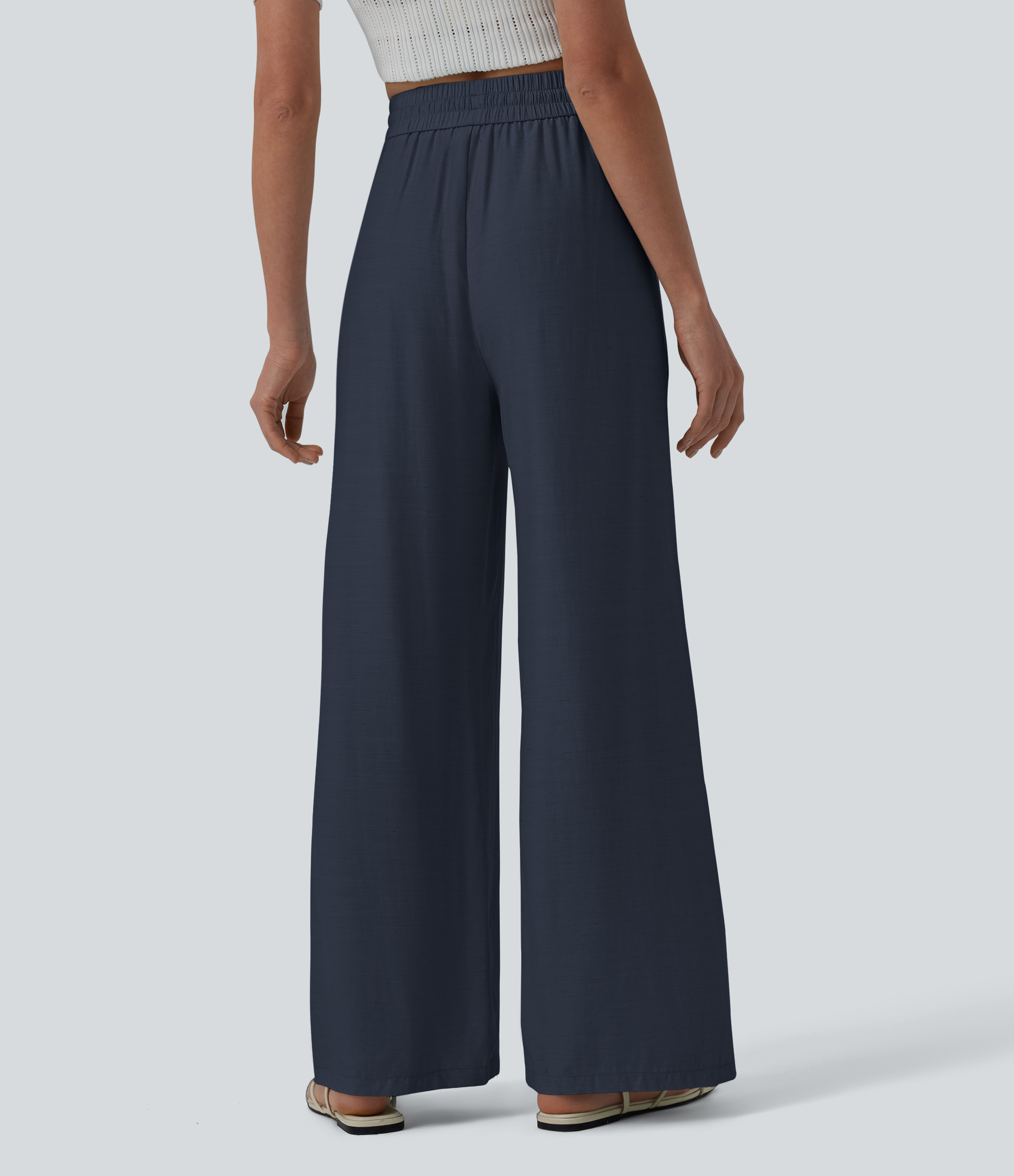 Always in a Mood - Dark Blue Pantalon casual large fluide mélange lin taille haute avec cordon de serrage et poches / 2