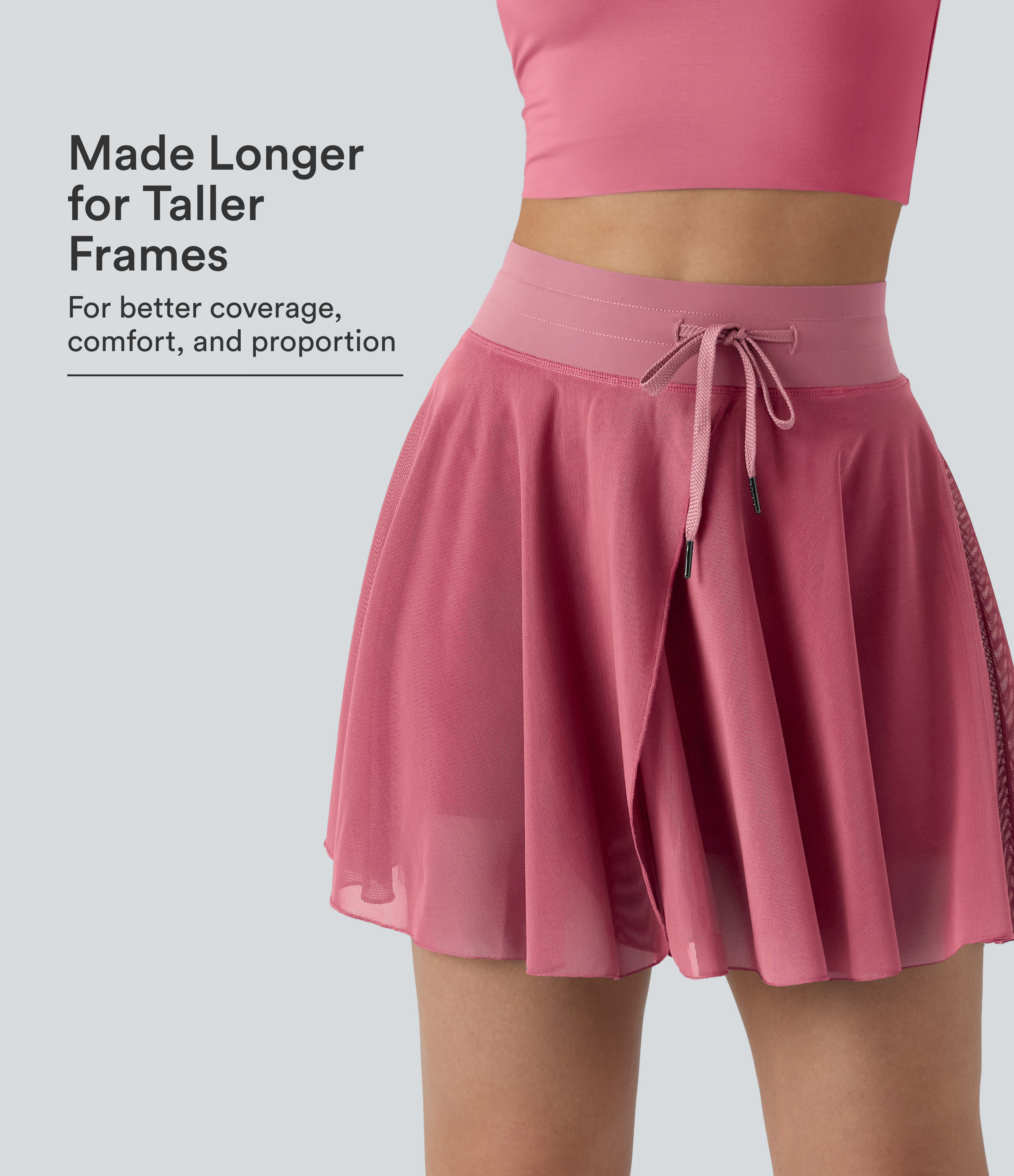 High Waisted Drawstring Contrast Mesh 2-in-1 Pocket Flowy Mini Flare Casual Skirt-Longer Length