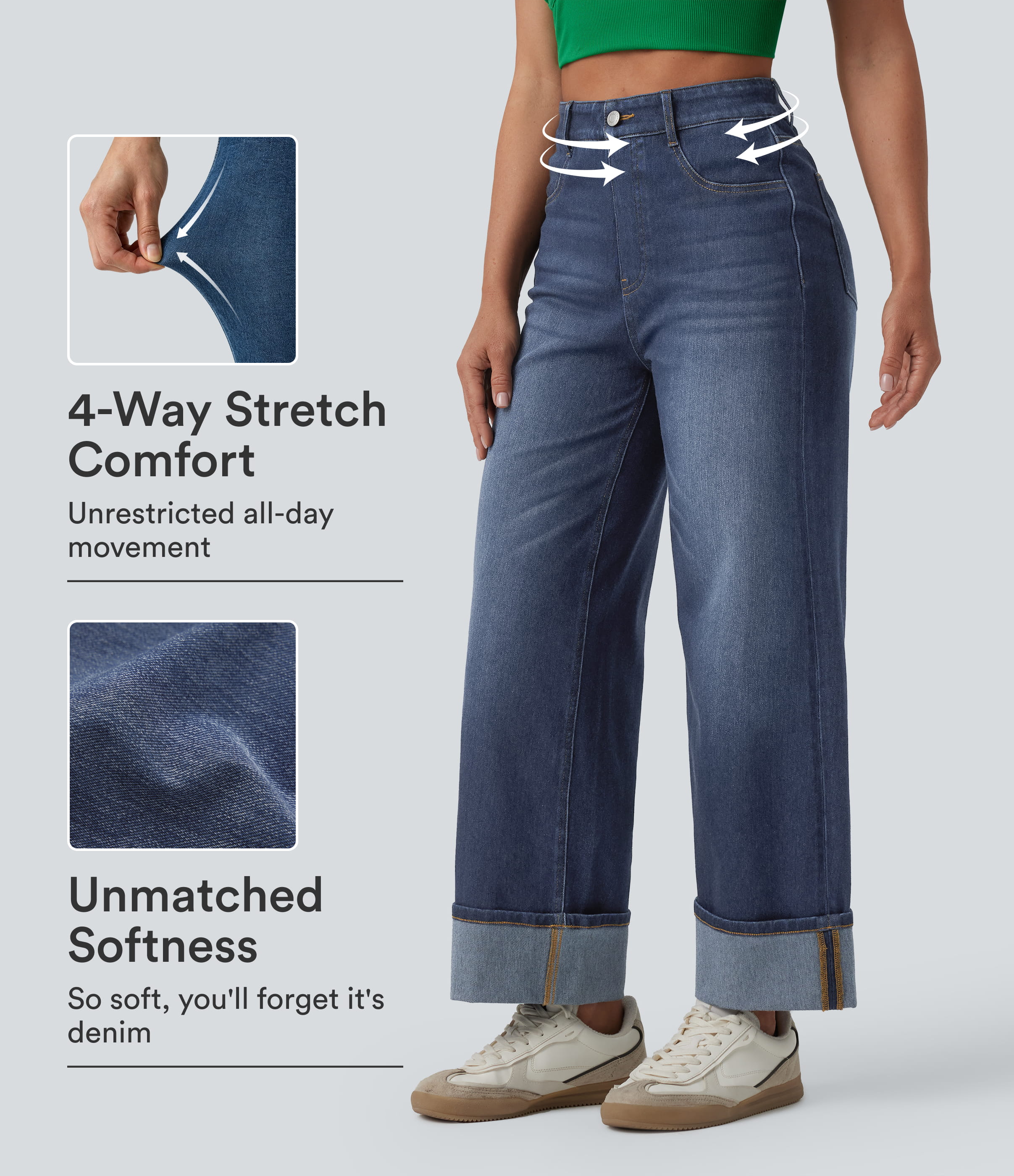 Pageant Blue Denim Halara Flex™ hochgeschnittene, bauchformende, lässige Jeans im Used-Look mit umgeschlagenem Saum, weitem Bein und Taschen / 1