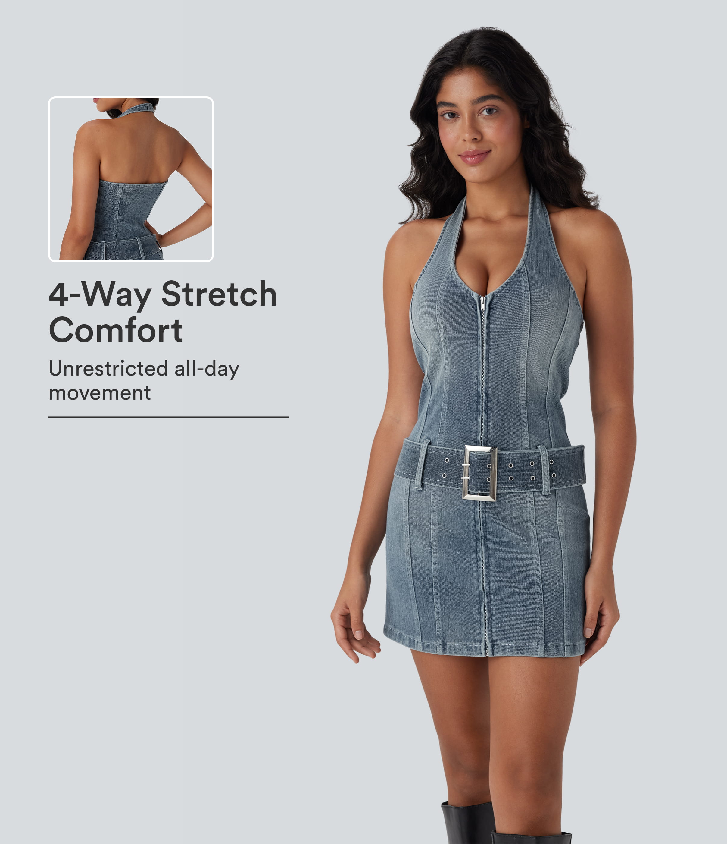 Halara Flex™ Halter Zipper Belted Bodycon Mini Washed Denim Casual Dress