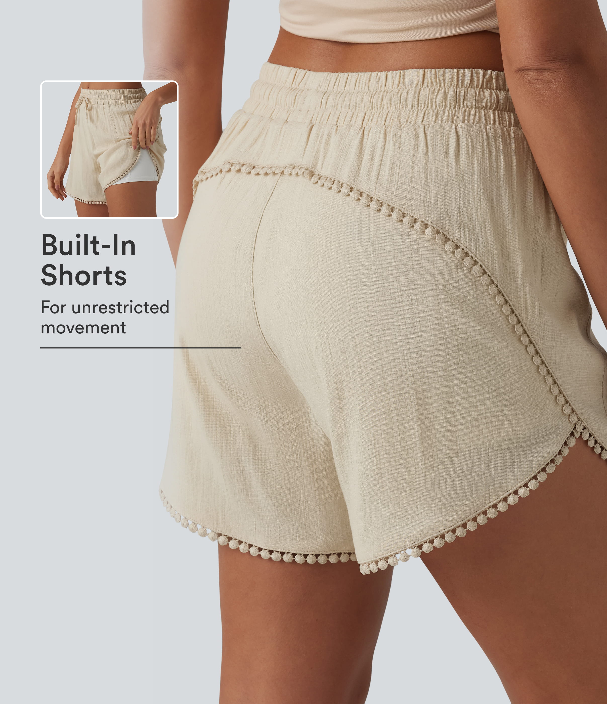 Mid Rise Drawstring Contrast Fringe Curved Hem 2-in-1 Casual Shorts