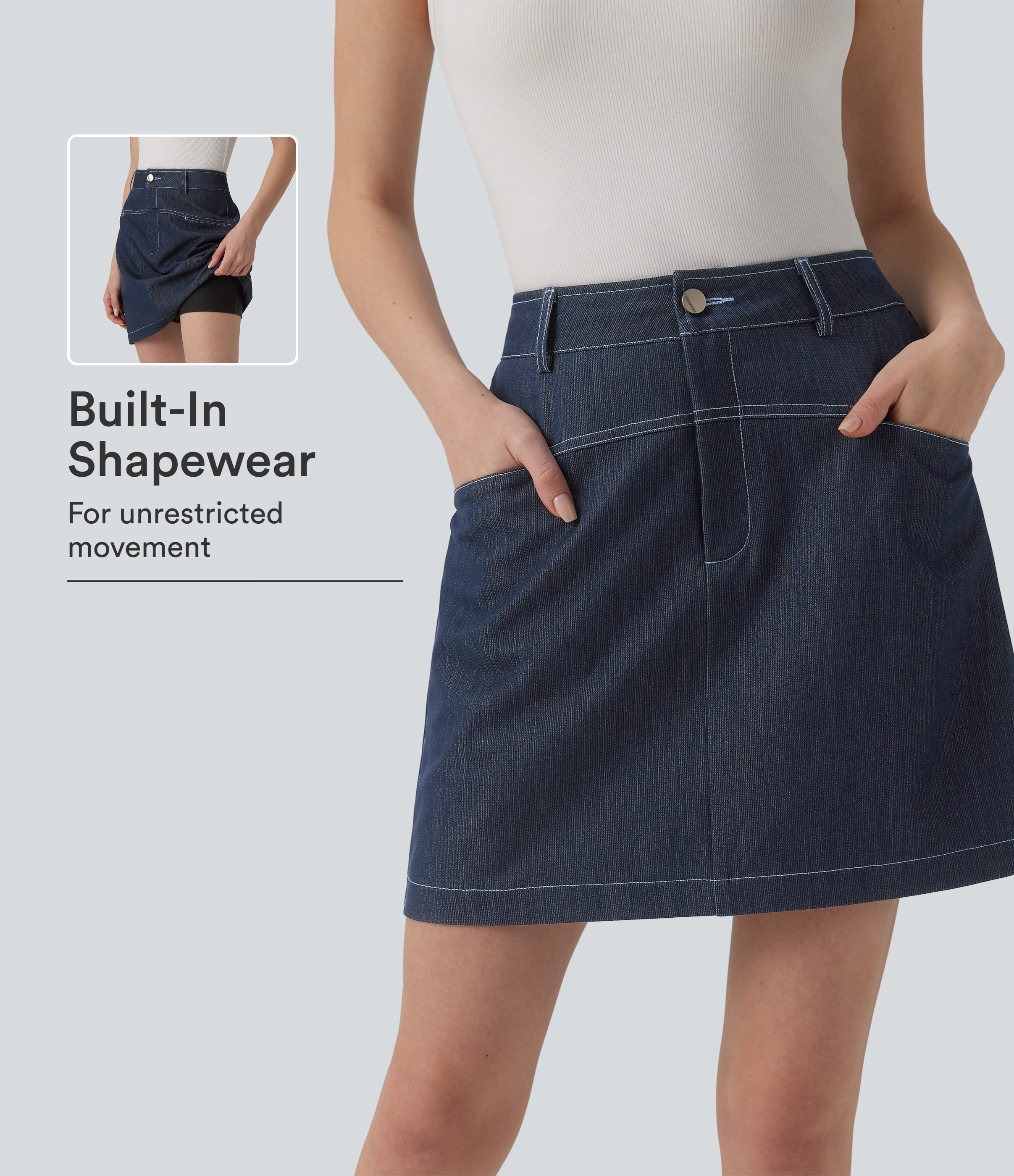 High Waisted Mini 2-in-1 Denim-Like Casual A-line Skirt with Pockets