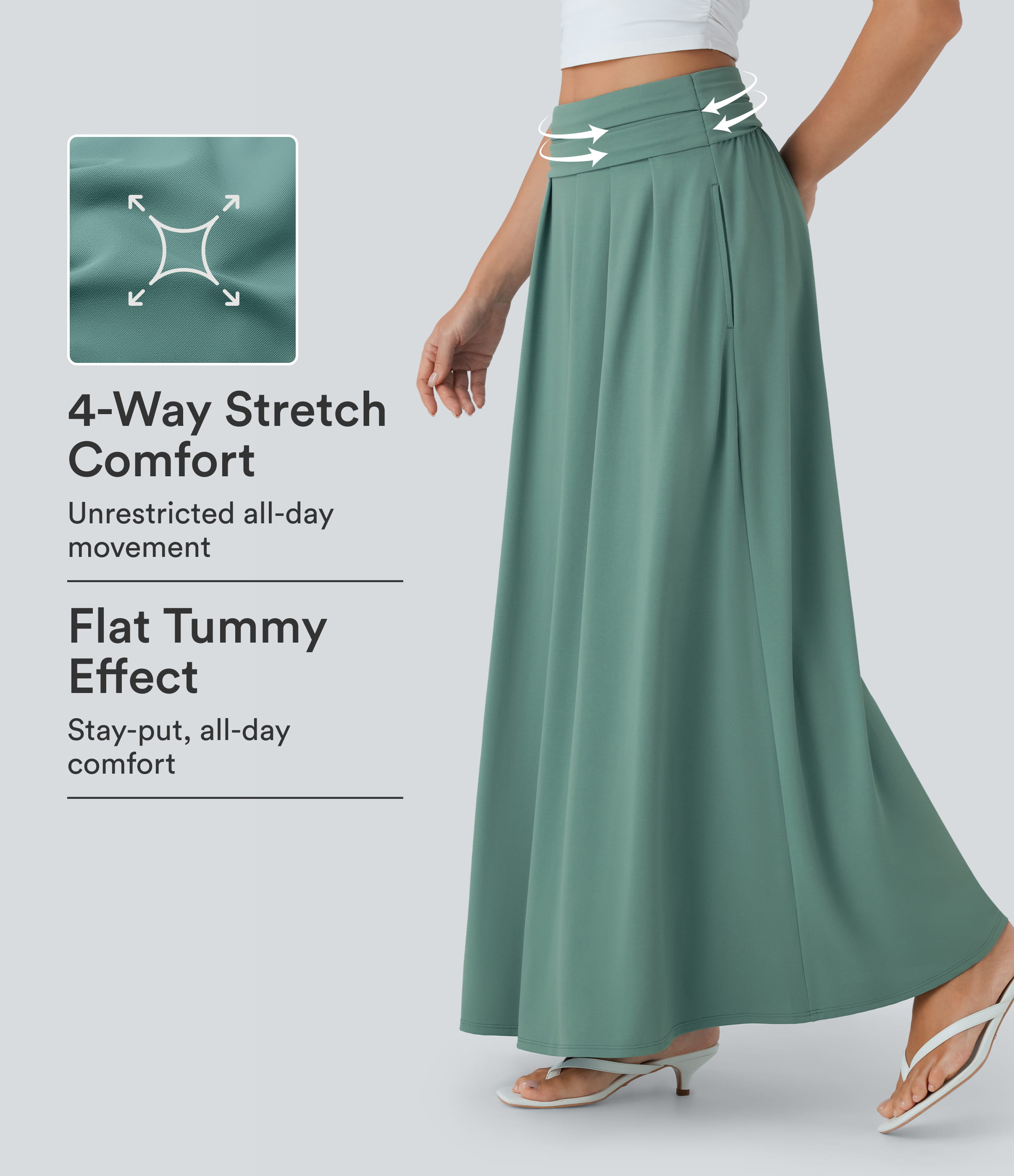 High Waisted Tummy Control Flare Maxi Casual Skirt with Pockets