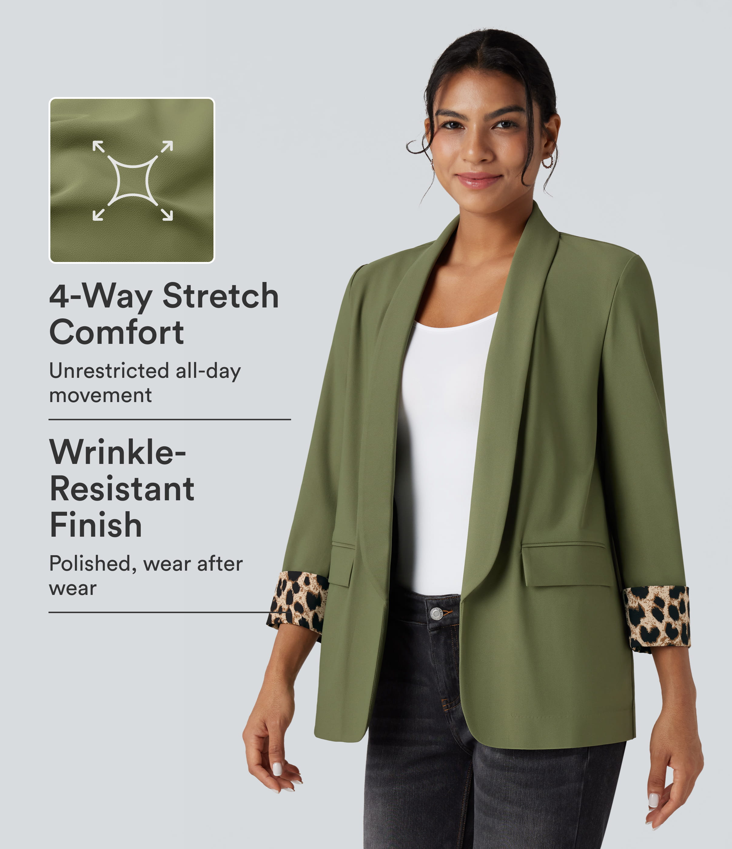 Lapel Long Sleeve Leopard Print Twill Work Blazer with Pockets