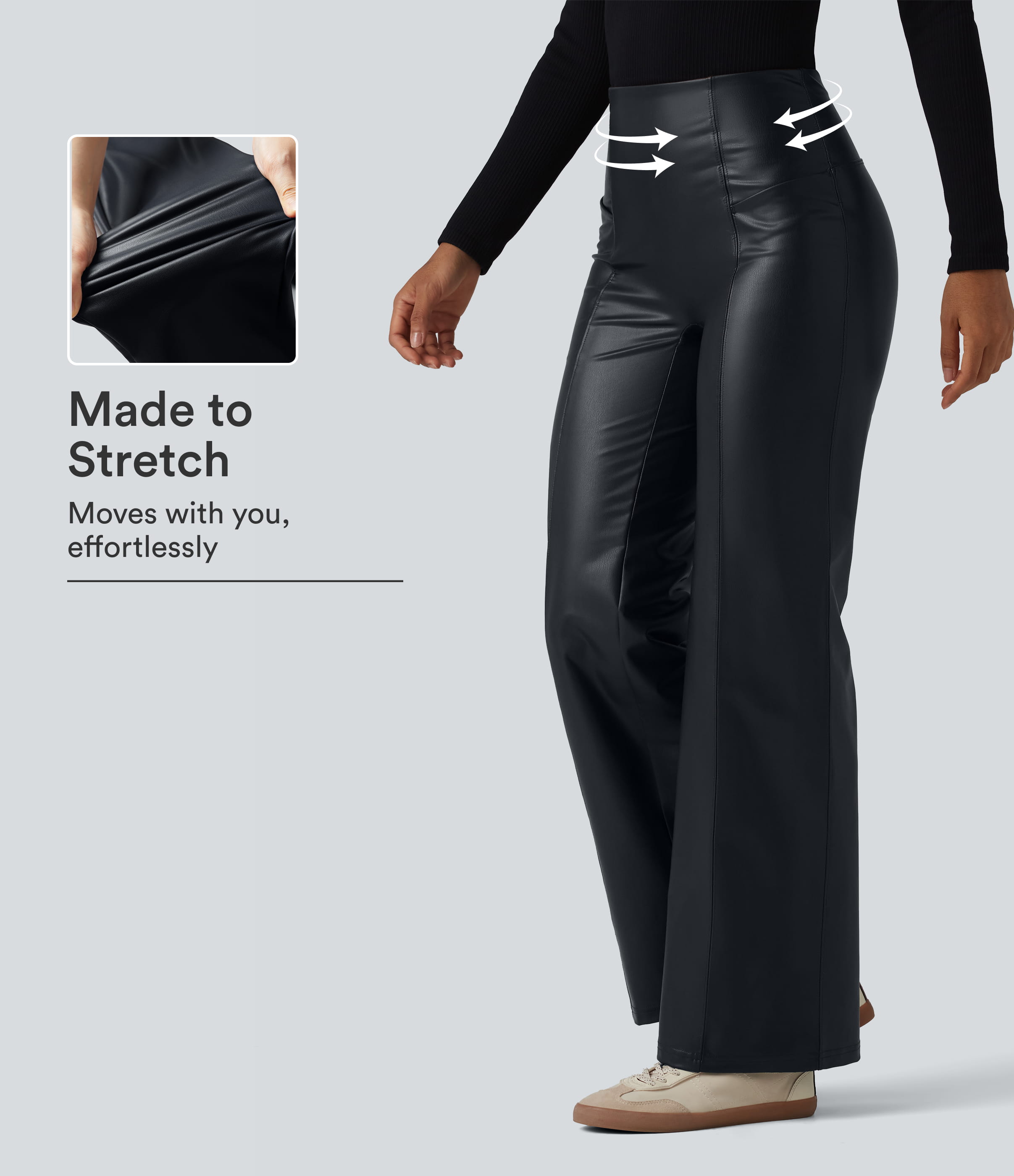 High Waisted Tummy Control Stretchy PU Casual Flare Pants with Pockets