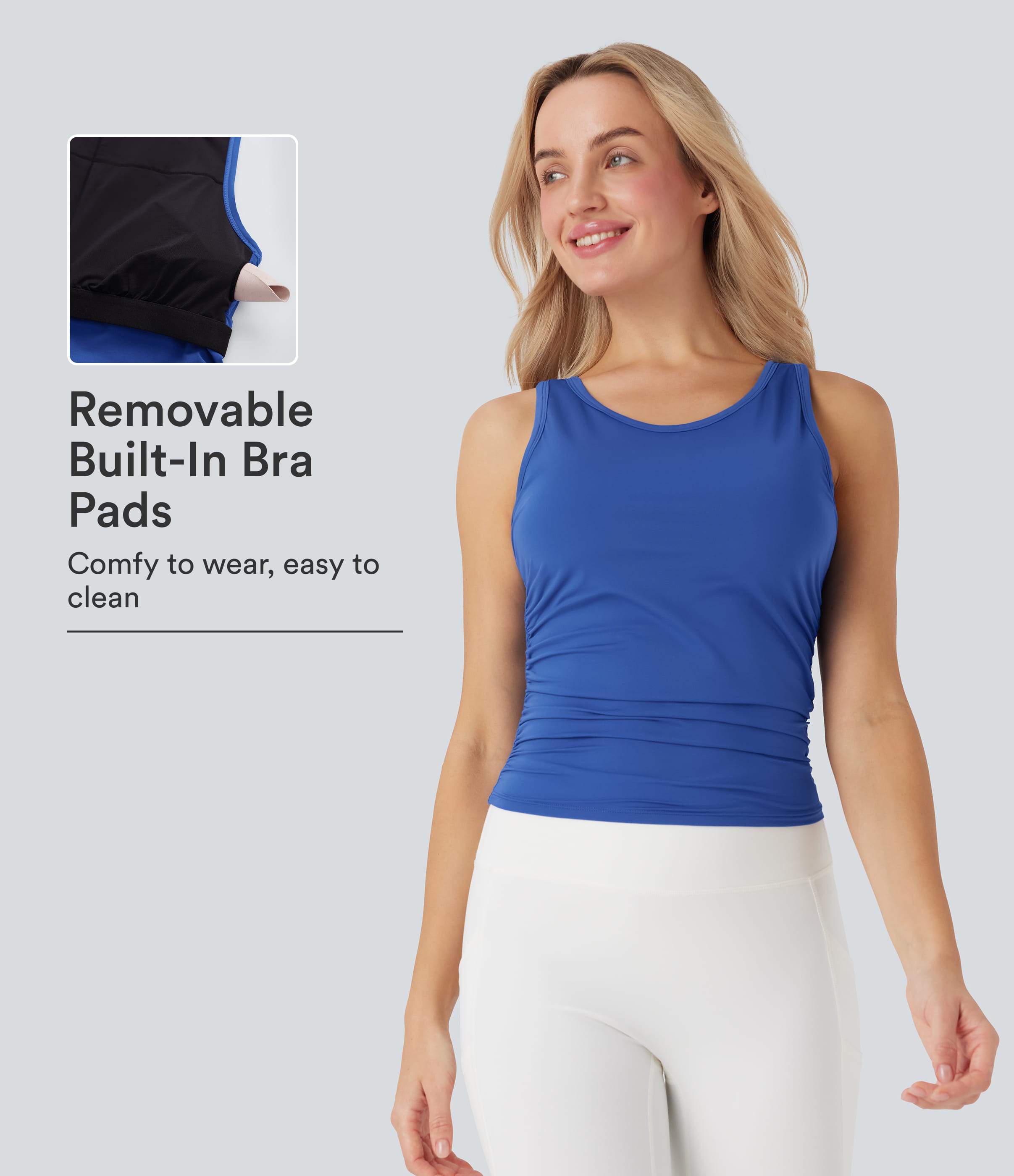 Beaucoup Blue Round-Neck Racerback Ruched Built-in Bra InstantCool Yoga Tank Top / 1