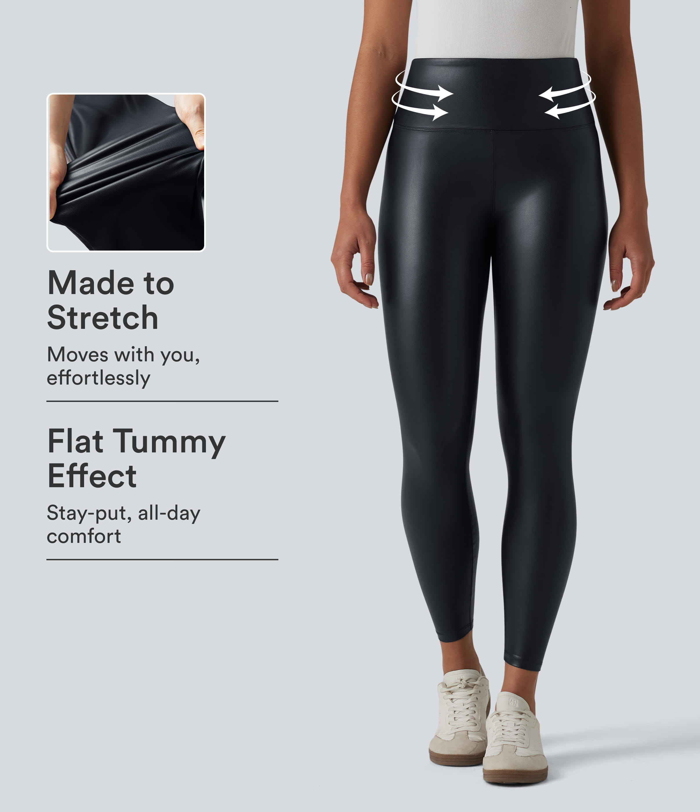 High Waisted Tummy Control Stretchy PU Casual 7/8 Leggings with Pockets