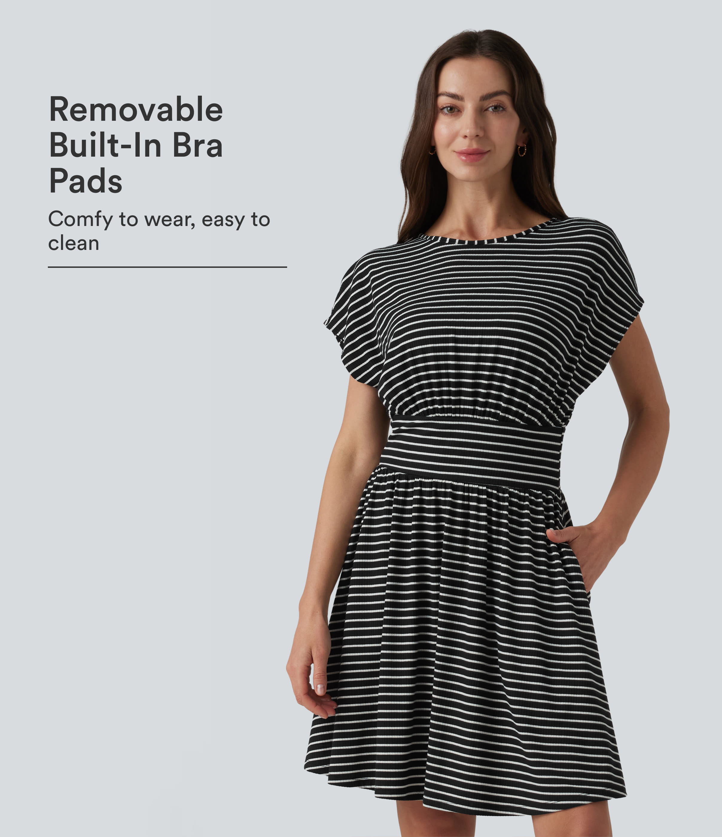 Round Neck Short Sleeve Built-in Bra Stripes Mini Casual Flowy Dress with Pockets