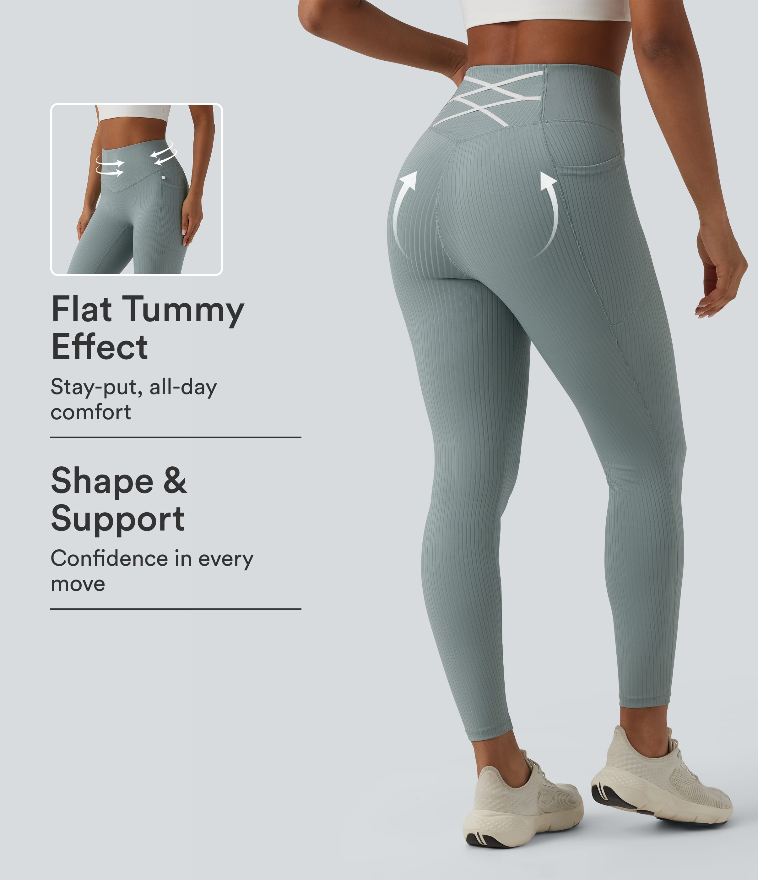 Ribbed Knit High Waisted Tummy Control Workout Leggings with Pockets