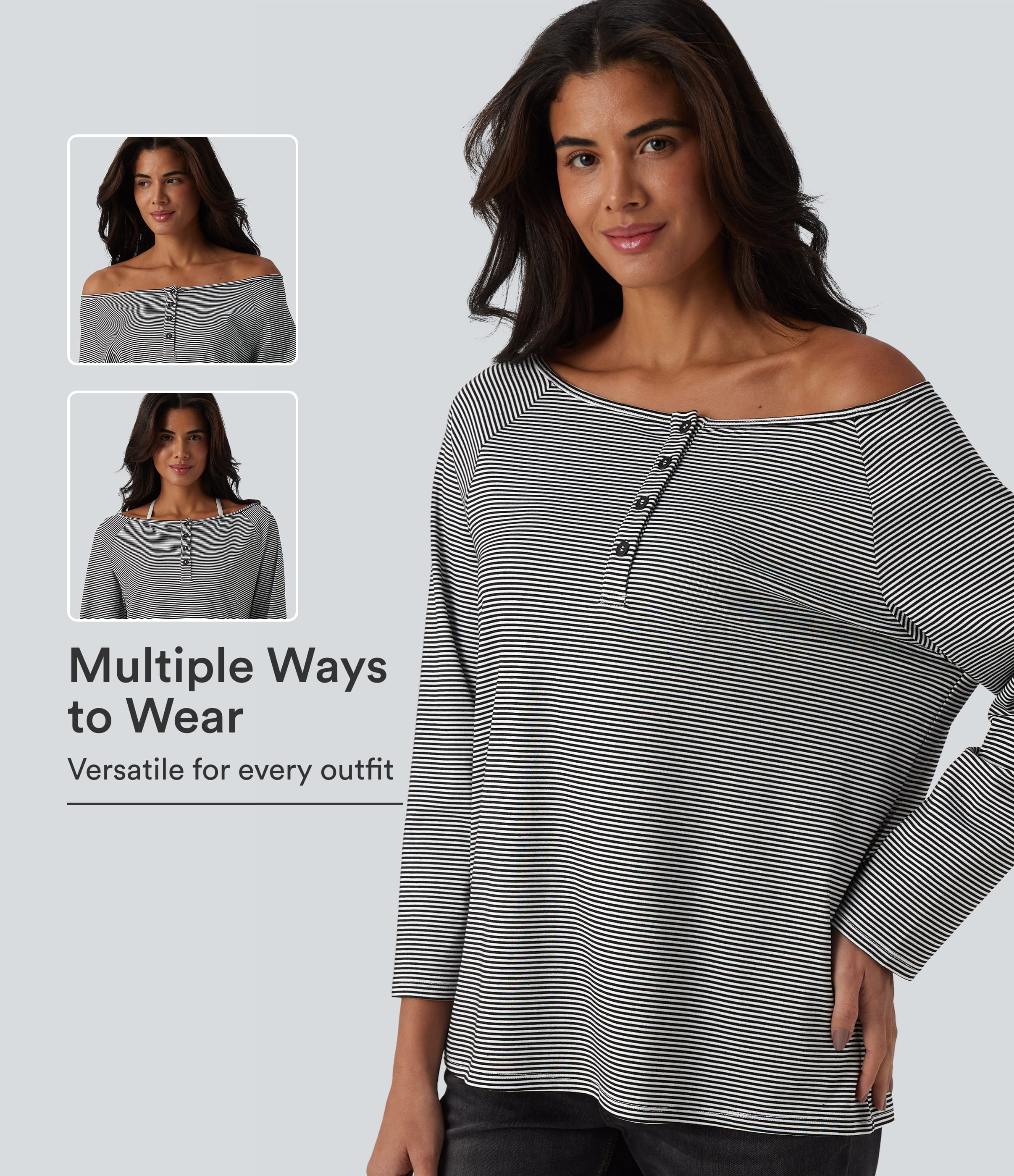 Ribbed Knit One-shoulder Long Sleeve Stripes Relaxed Casual Top