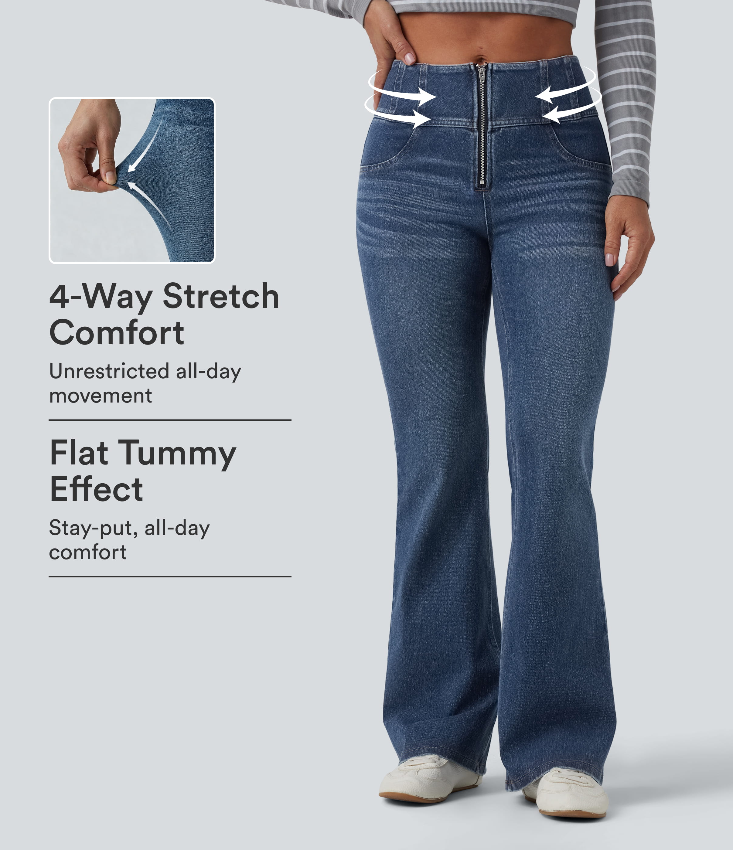 Halara Flex™ Mid Rise Tummy Control Half Zip Flare Casual Jeans with Pockets