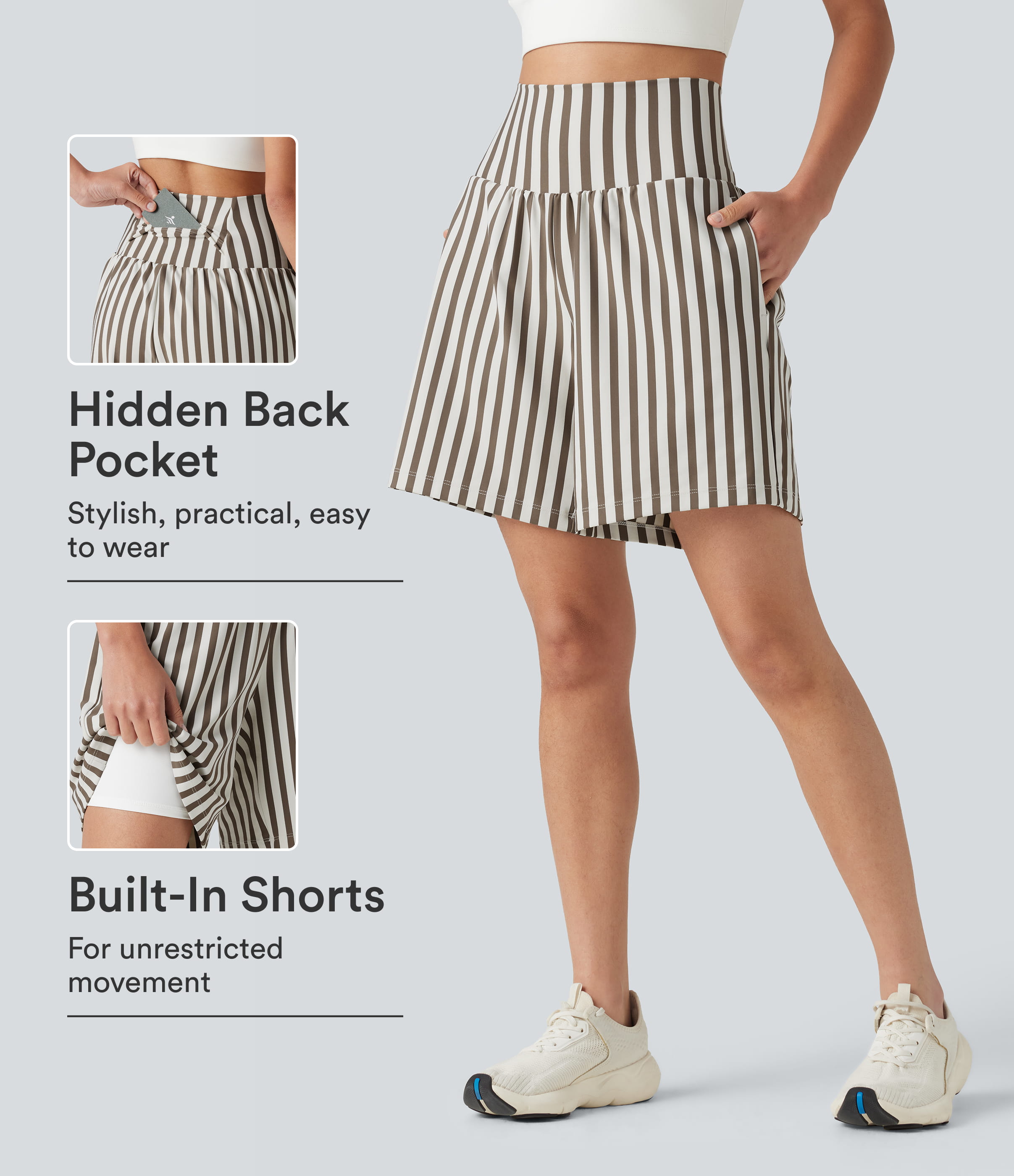 High Waisted 2-in-1 Stripes Yoga Baggy Shorts 7'' with Pockets