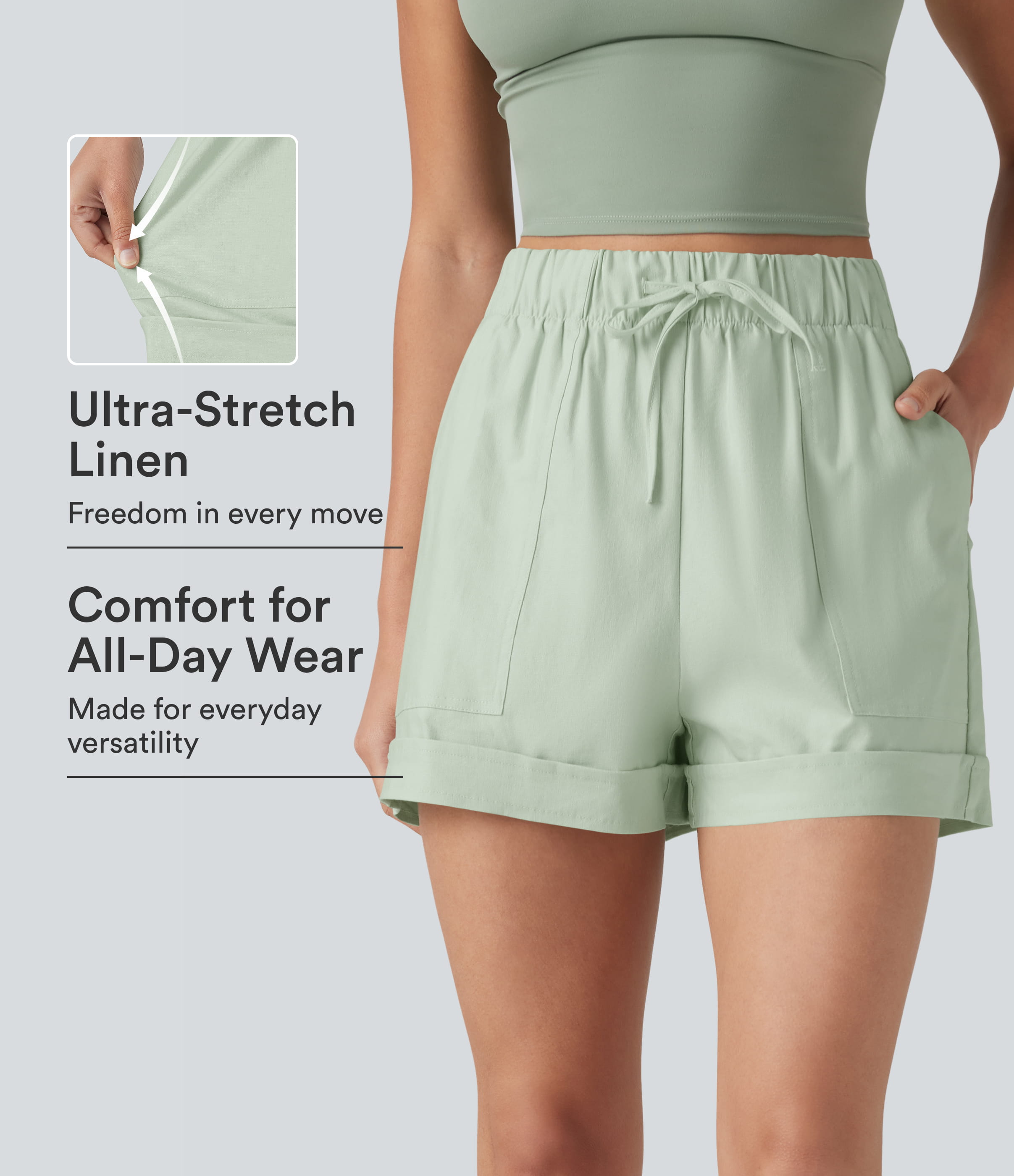 High Waisted Drawstring Rolled Hem Cotton Linen Casual Baggy Shorts with Pockets