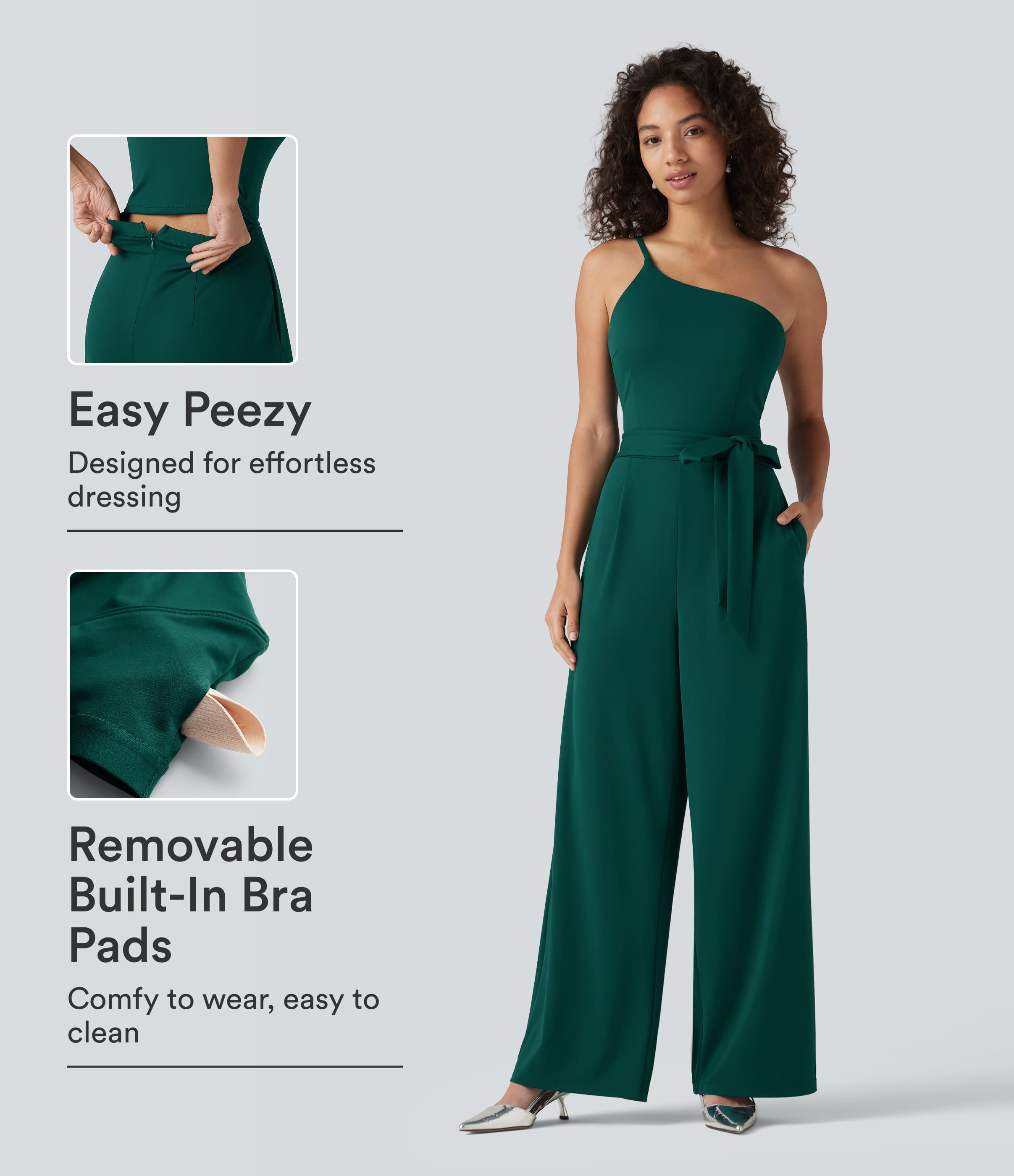 One Shoulder Sleeveless Belted Built-in Bra Party Jumpsuit with Pockets- Easy Peezy