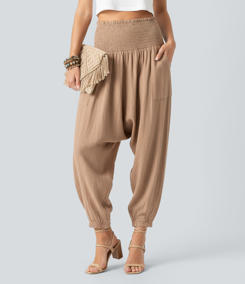 High Waisted Shirred Casual Linen-Feel Harem Joggers with Pockets