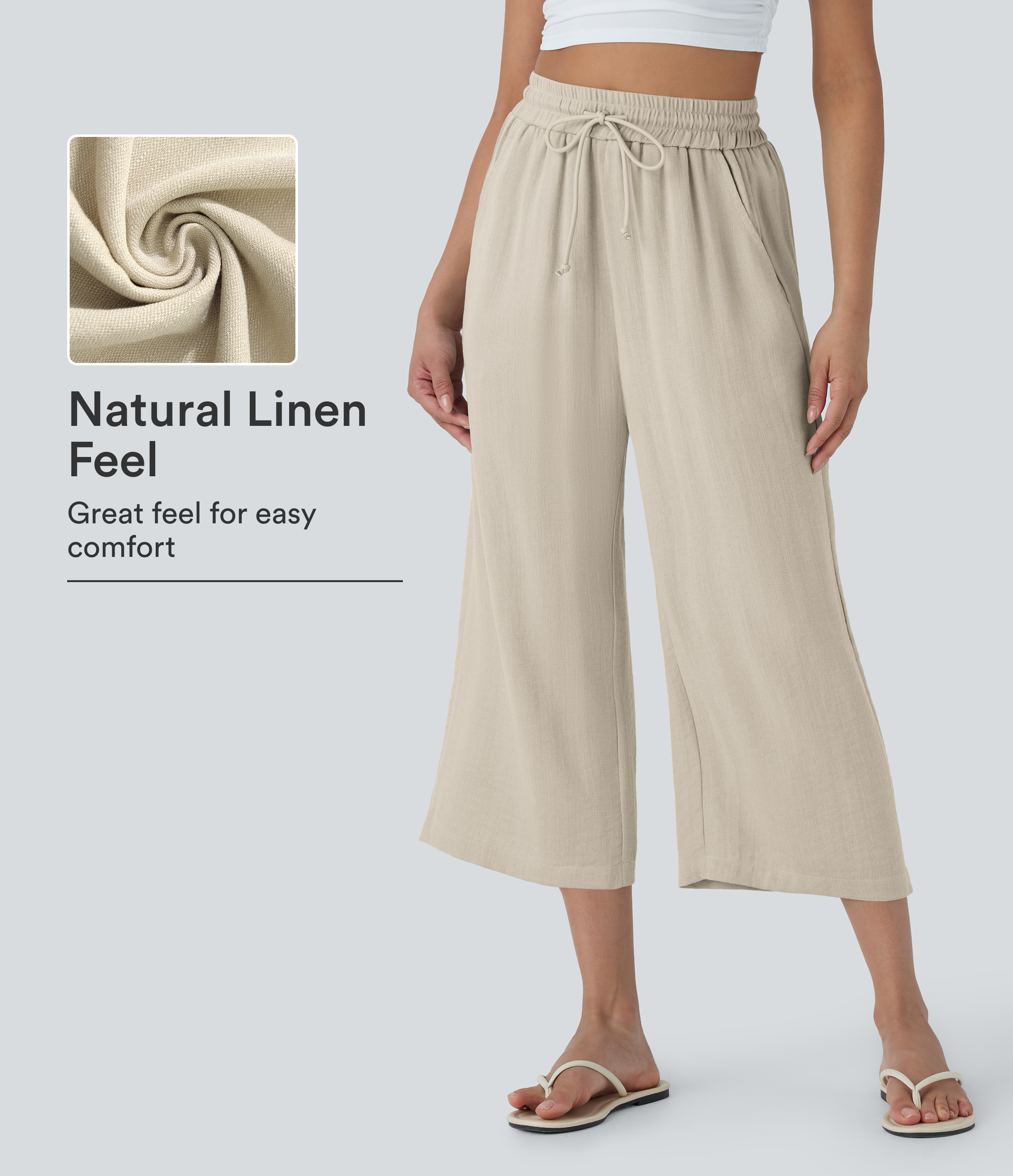High Waisted Drawstring Wide Leg Cropped Casual Linen-Feel Pants with Pockets
