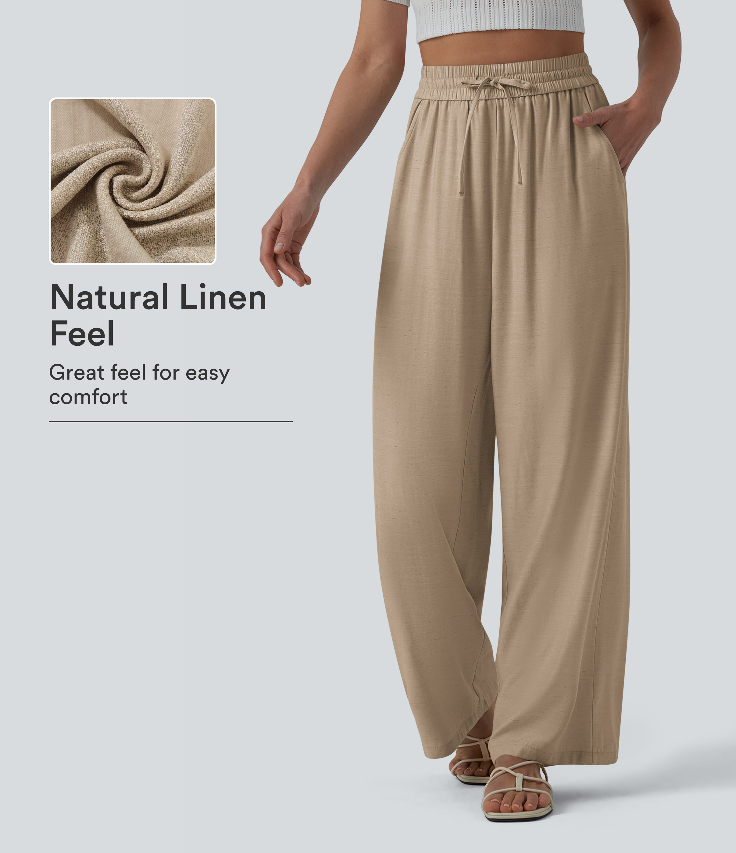 High Waisted Drawstring Wide Leg Casual Linen-Blend Pants with Pockets