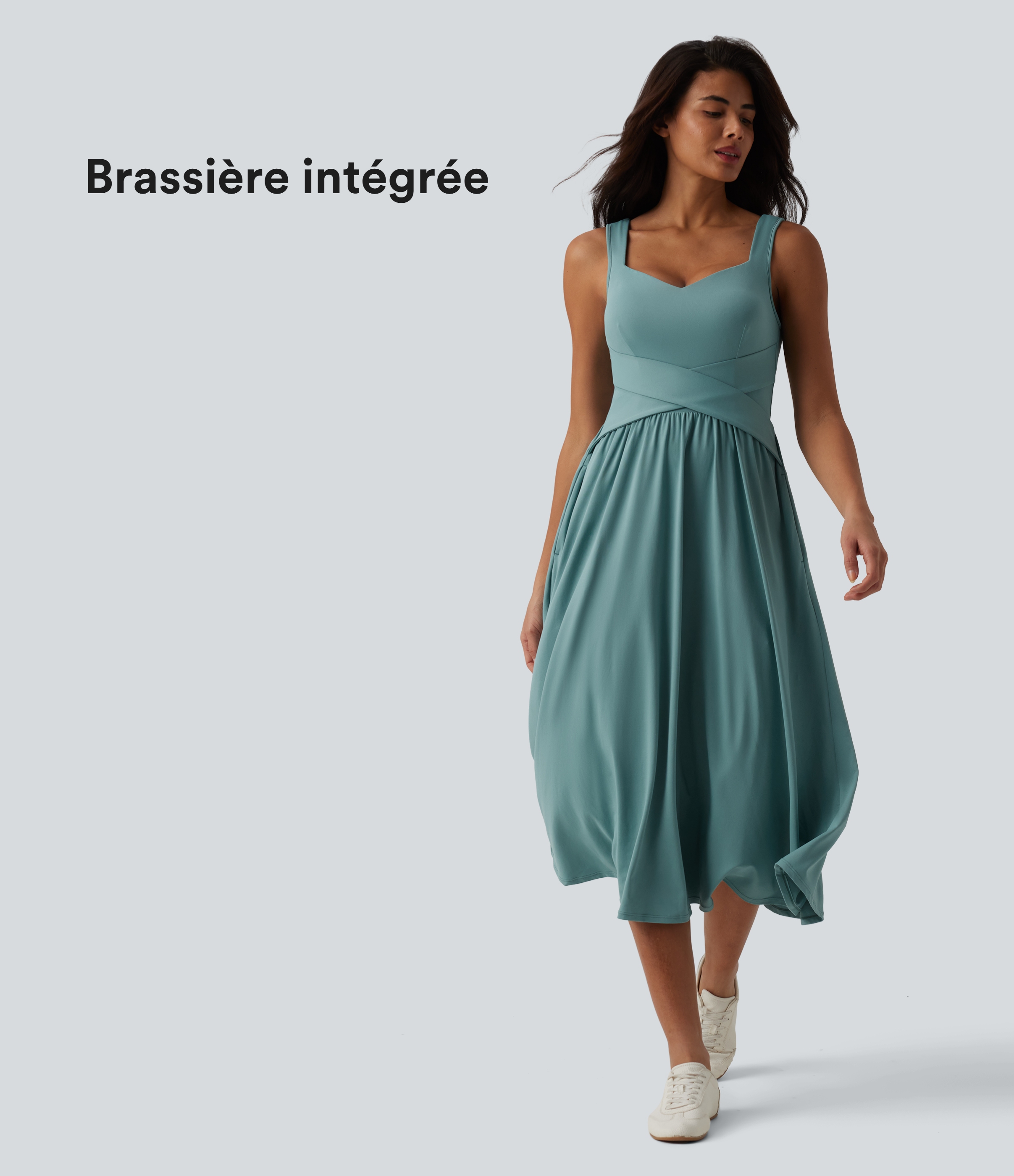 Robe décontractée midi fluide sans manches dos croisé, avec brassière intégrée (Bonnets E-G) et poches
