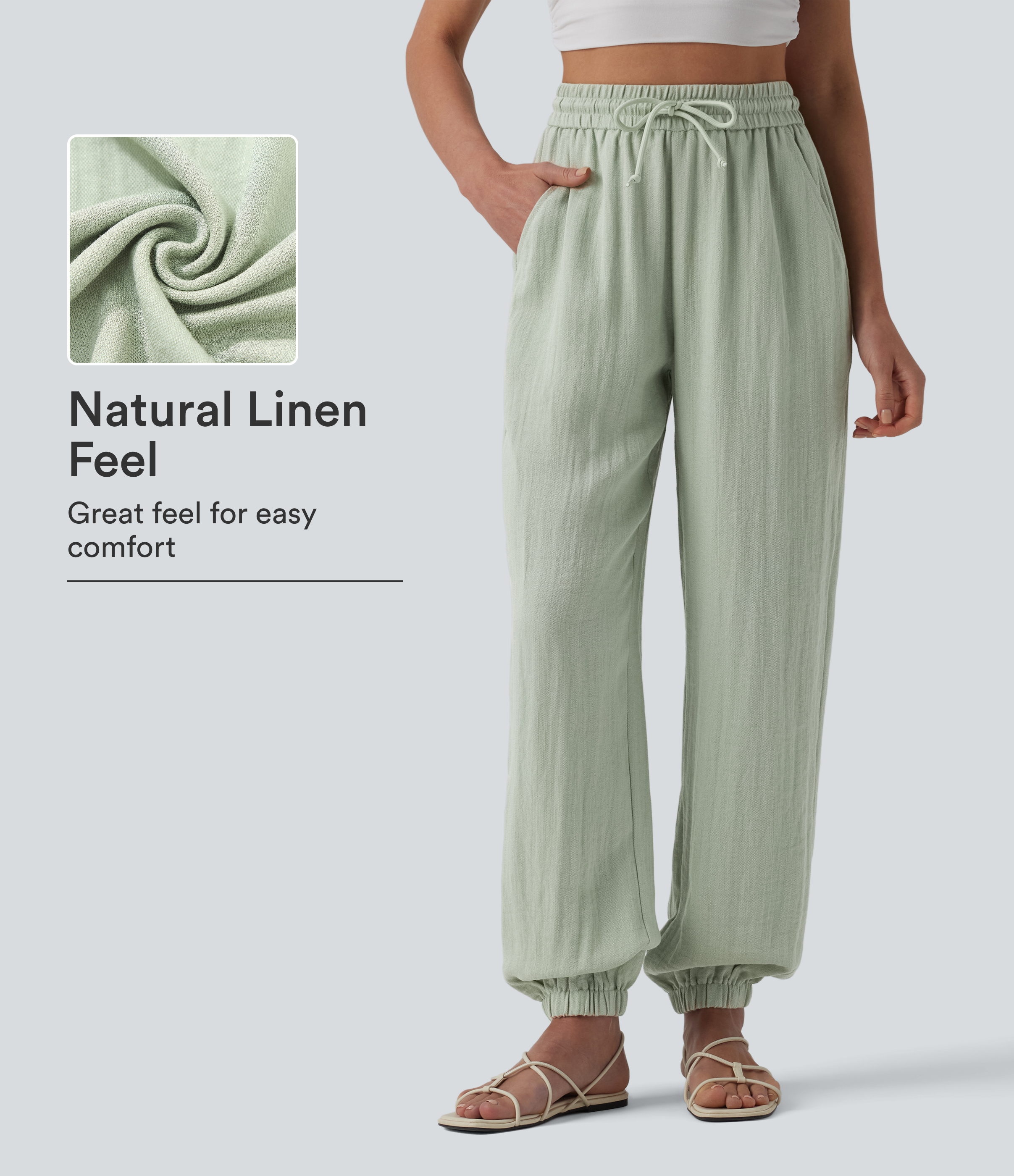 High Waisted Drawstring Wide Leg Casual Linen-Feel Joggers with Pockets