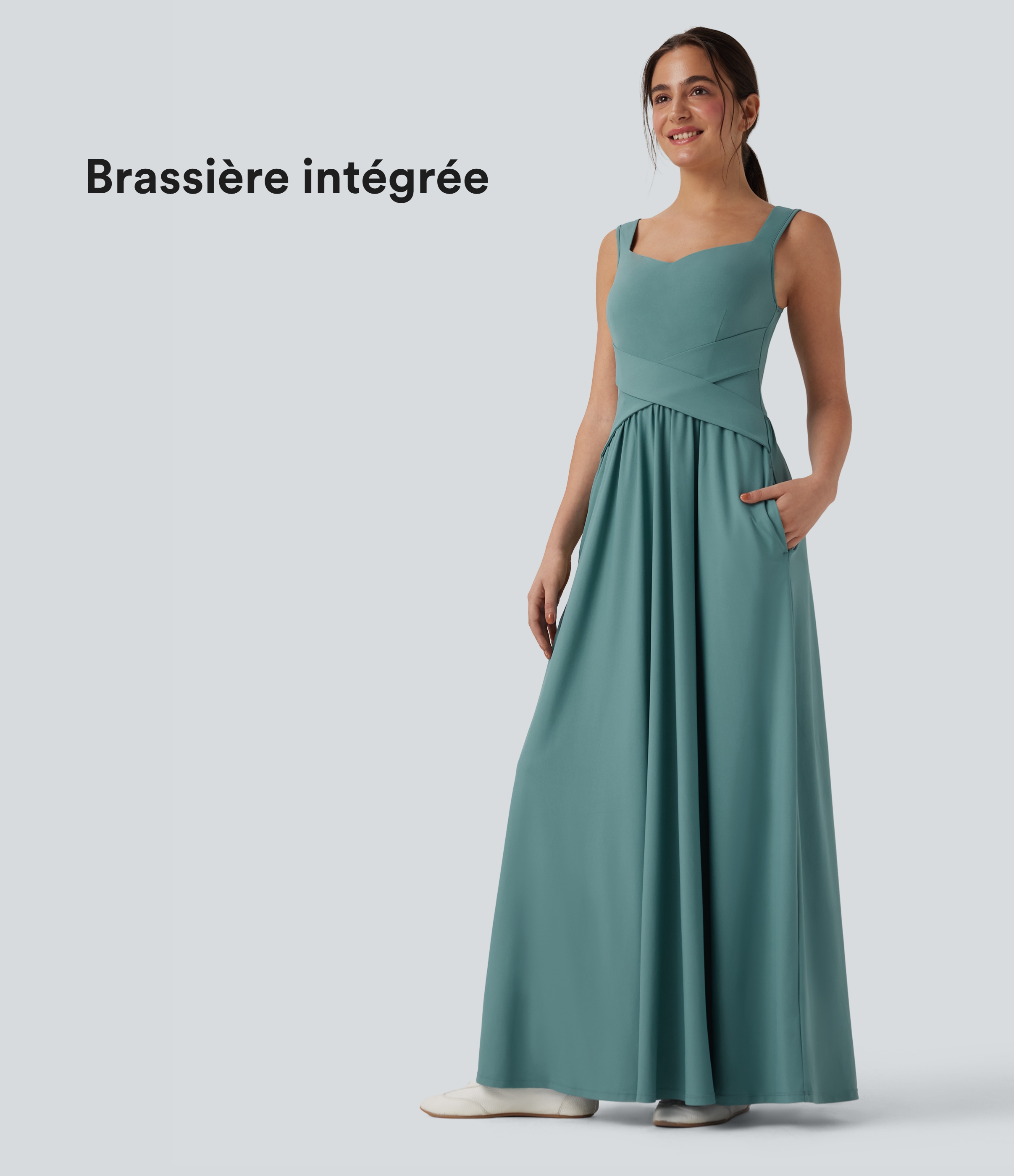 Robe maxi casual fluide dos nu, avec brassière intégrée et poches