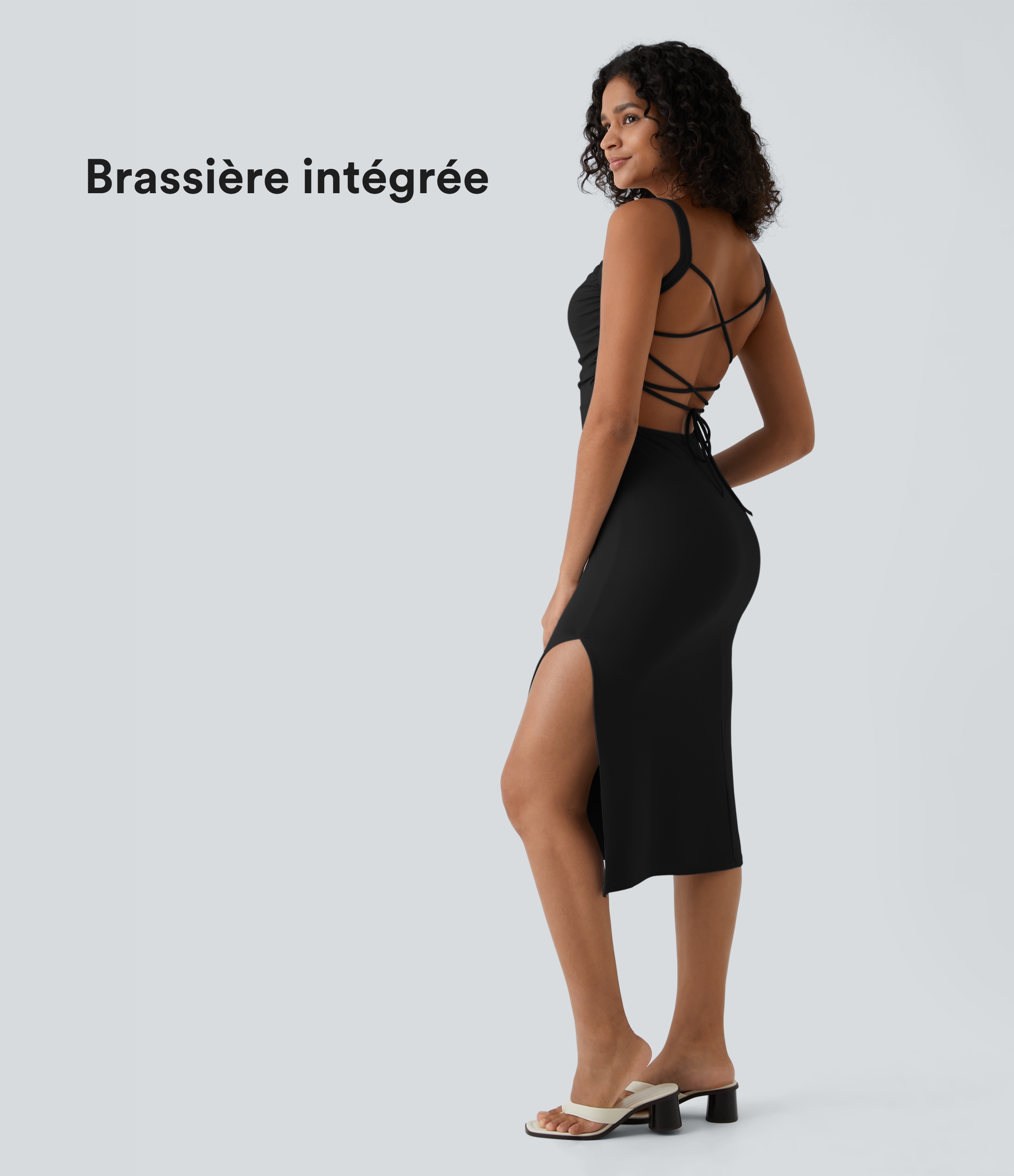 Robe midi casual laquée fendue, brassière intégrée, dos nu croisé