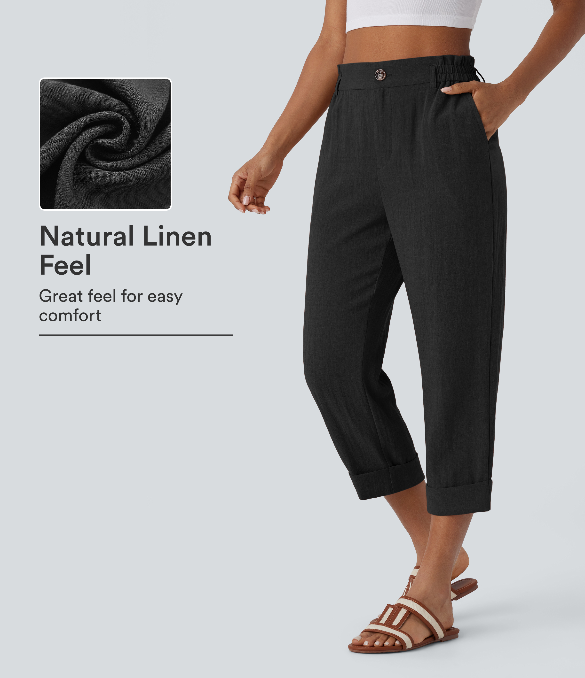 High Waisted Zipper Pocket Cropped Linen-Feel Pants