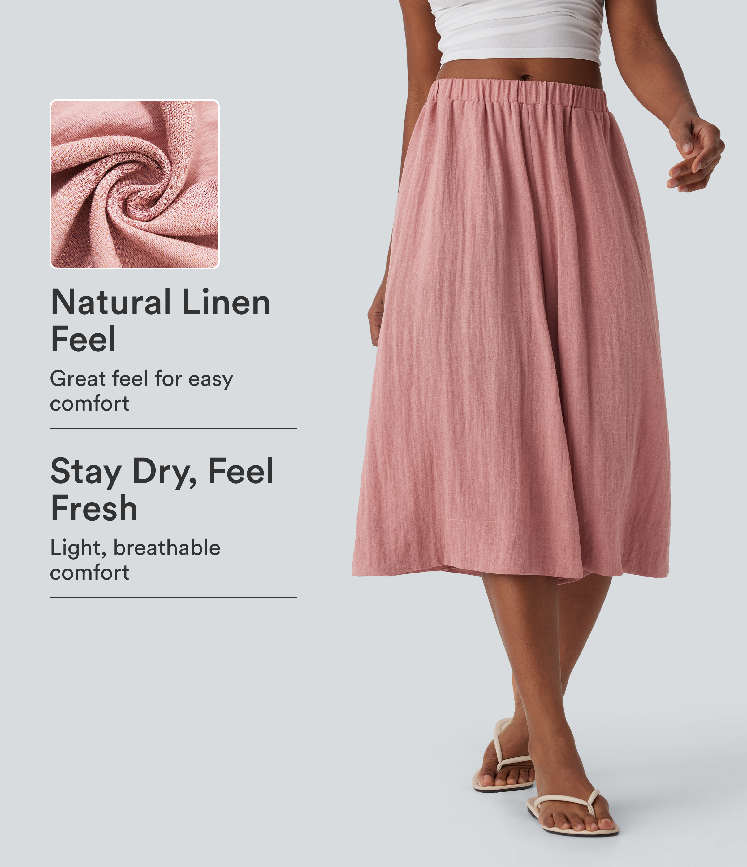 Mid Rise Wide Leg Flowy Linen-Feel Pants with Pocket