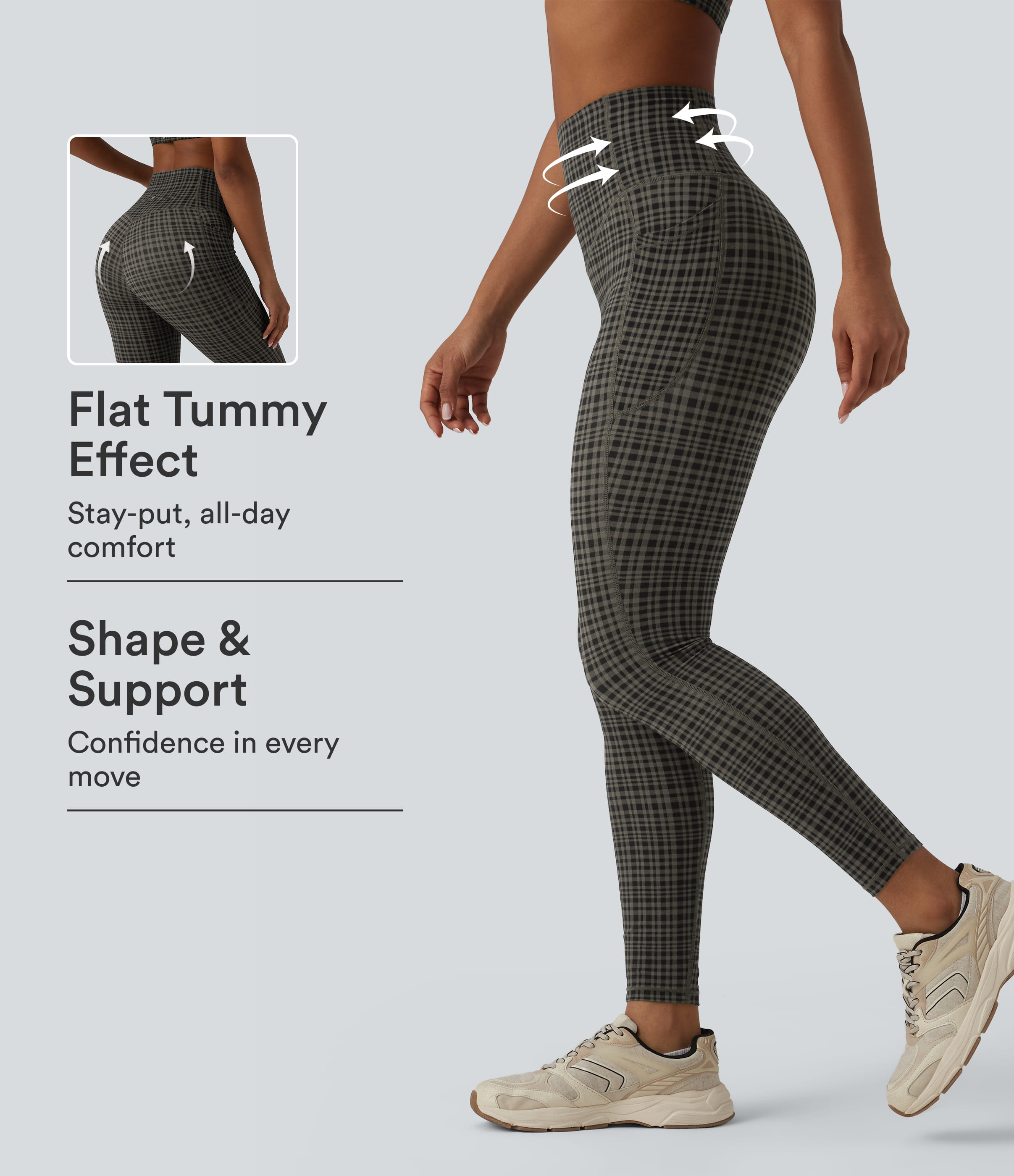 Halara UltraSculpt™ Leggings de running taille haute, effet ventre plat, imprimé à carreaux, avec poches