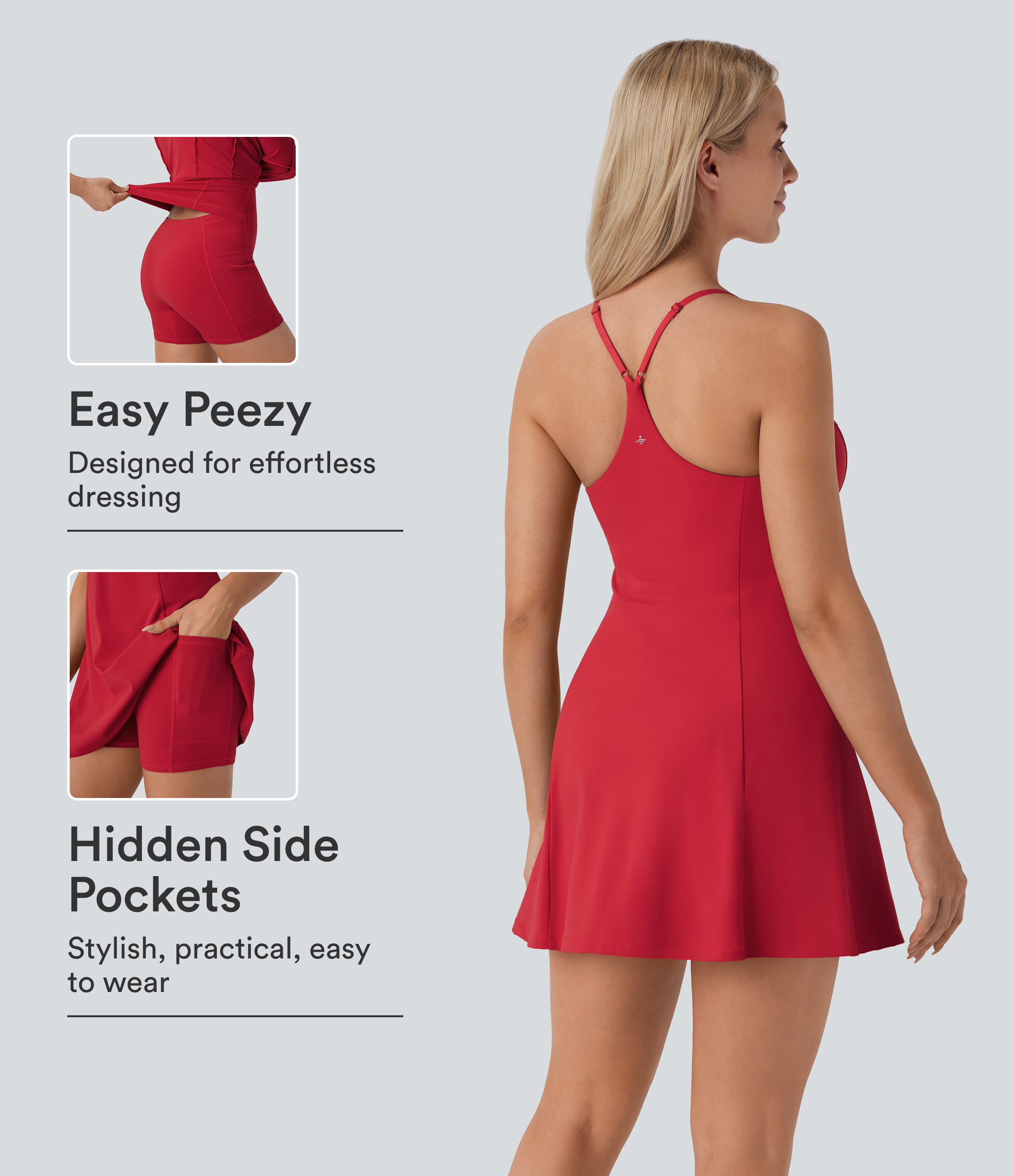 Salsa SoftlyZero™ racerback aireado 2 en 1 con bolsillos, tacto fresco, mini acampanado para baile, vestido activo - Edición Easy Peezy / 1
