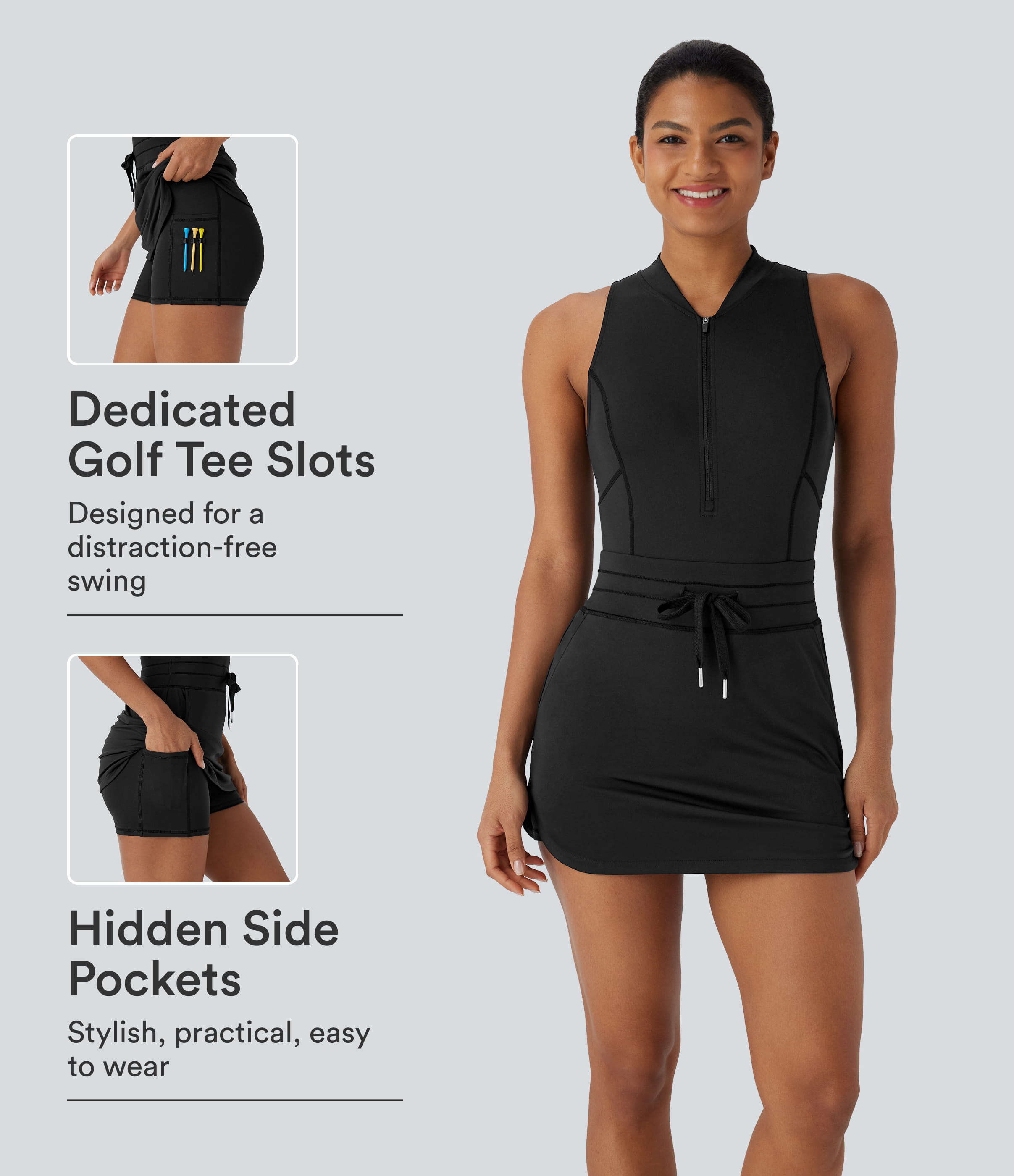 SoftlyZero™ QuickDry Baseball Collar Half Zip Sleeveless Drawstring Pockets 2-in-1 Mini Golf Active Dress-Golf Tee Pocket
