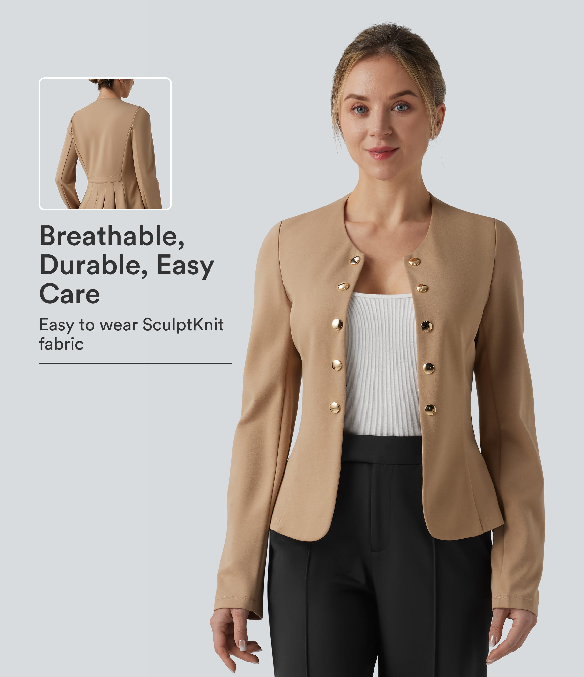 Round Neck Decorative Button Pleated Hem Work Blazer